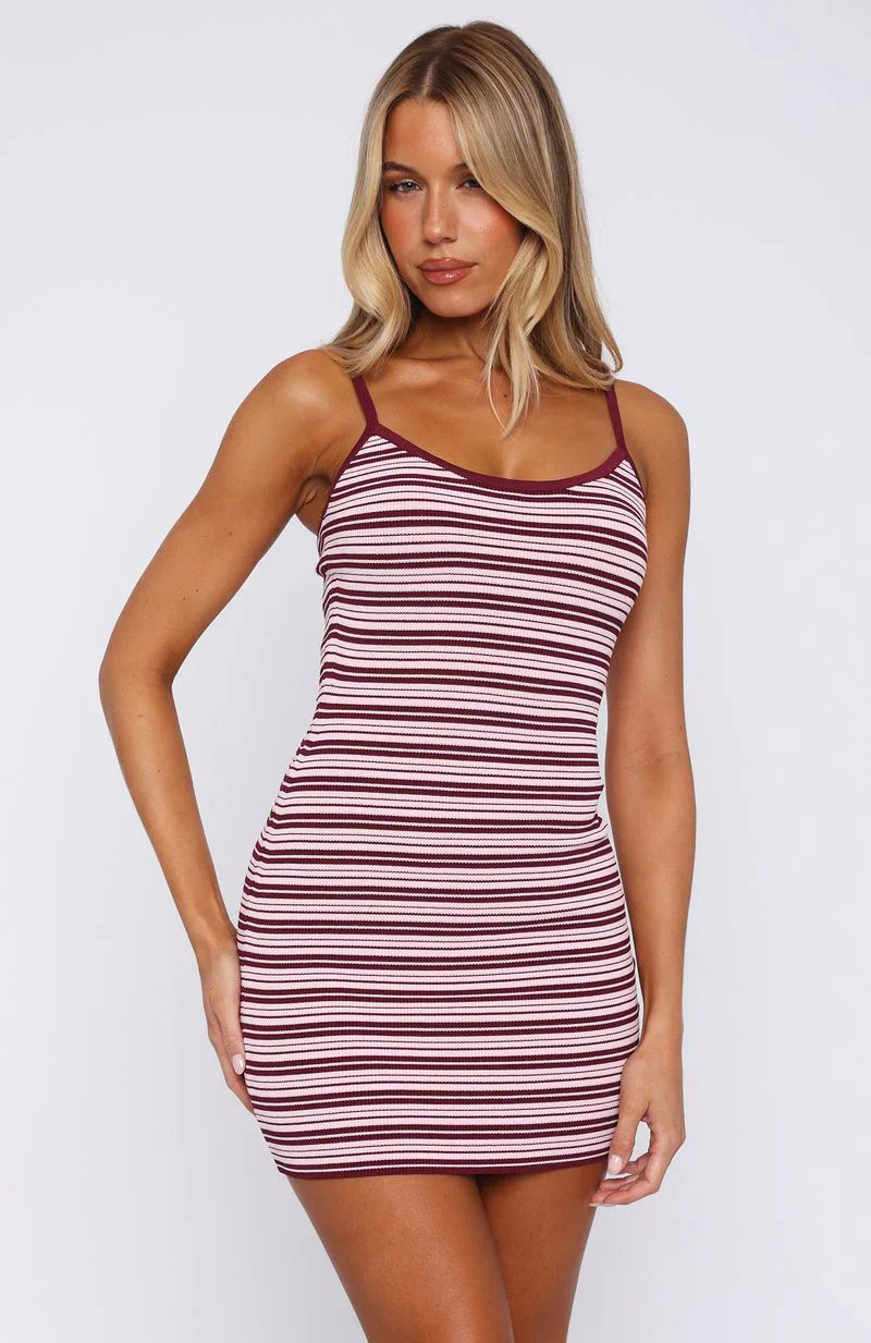 I've Been Thinking Knit Mini Dress Burgundy Stripe