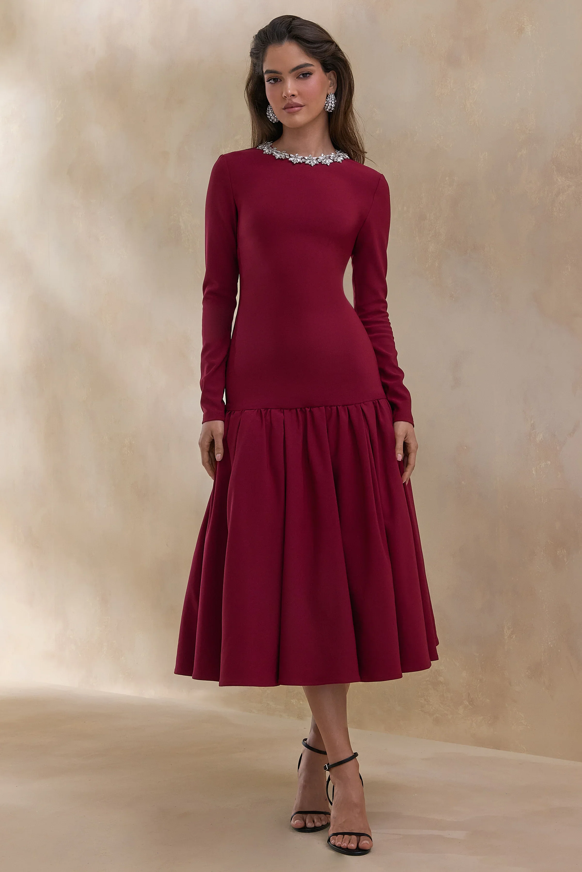 Jovana | Burgundy Hand-Embellished Crew-Neck Midi Dress With Drop Waist