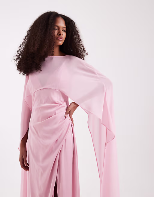 TFNC Bridesmaids satin maxi dress with mesh cape in pink