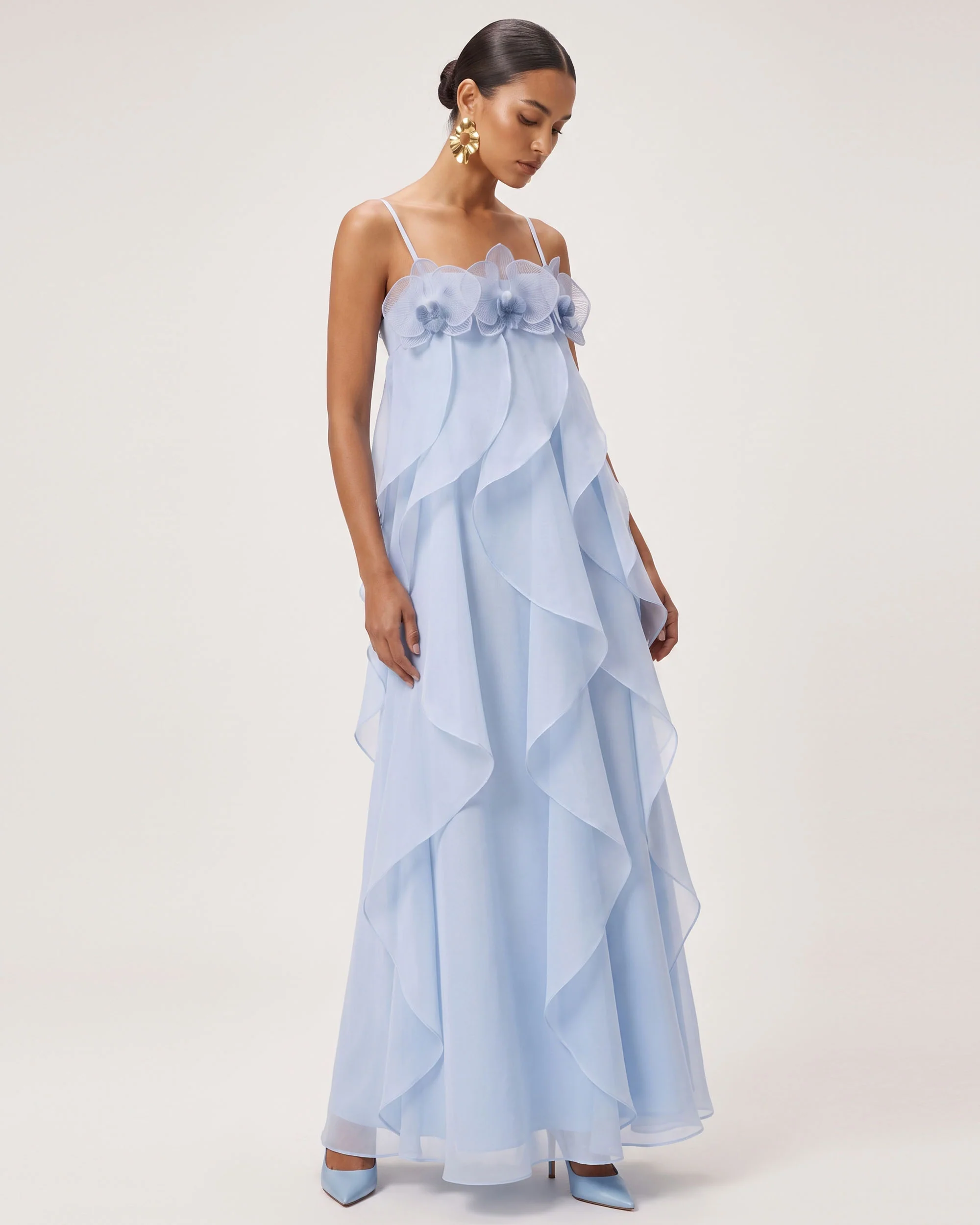 Orchid Embroidered Organza Maxi Dress - Light Blue - FASHION NOB
