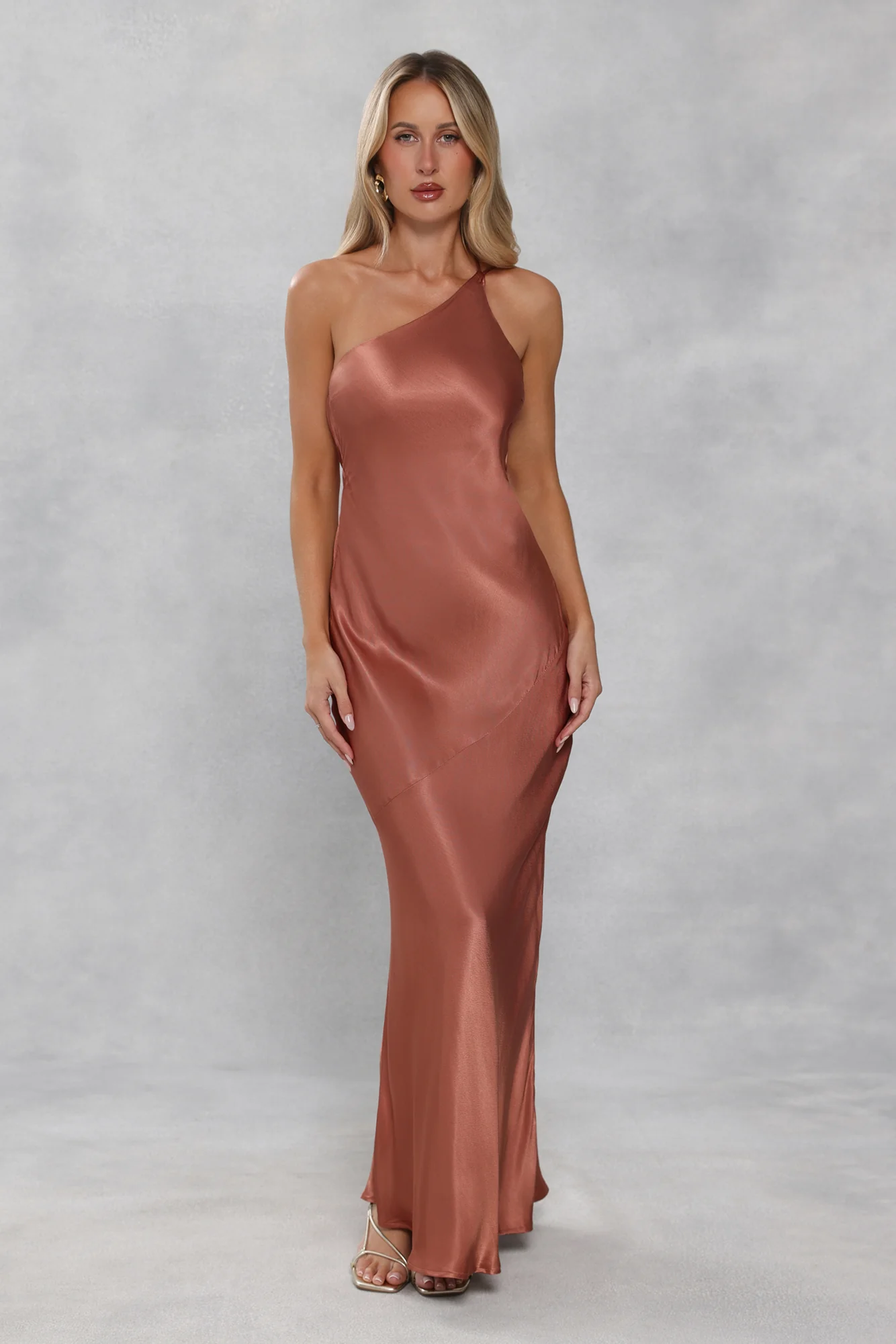 The Evangeline One Shoulder Satin Maxi Dress Bronze