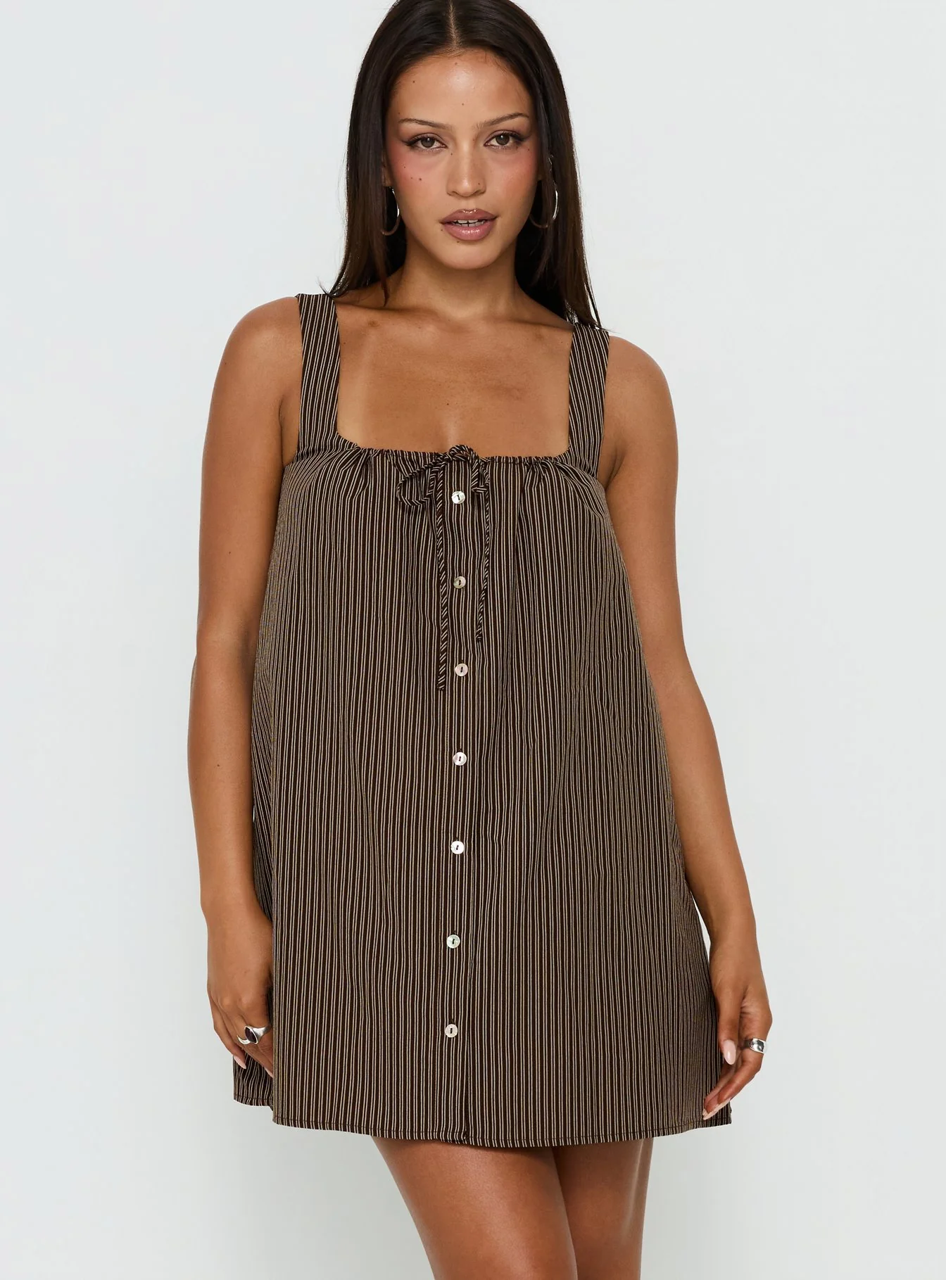 Bambalina Babydoll Mini Dress Brown Stripe