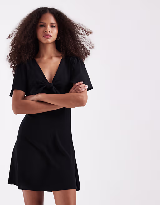 Vero Moda Easy Joy short sleeve bow front mini dress in black