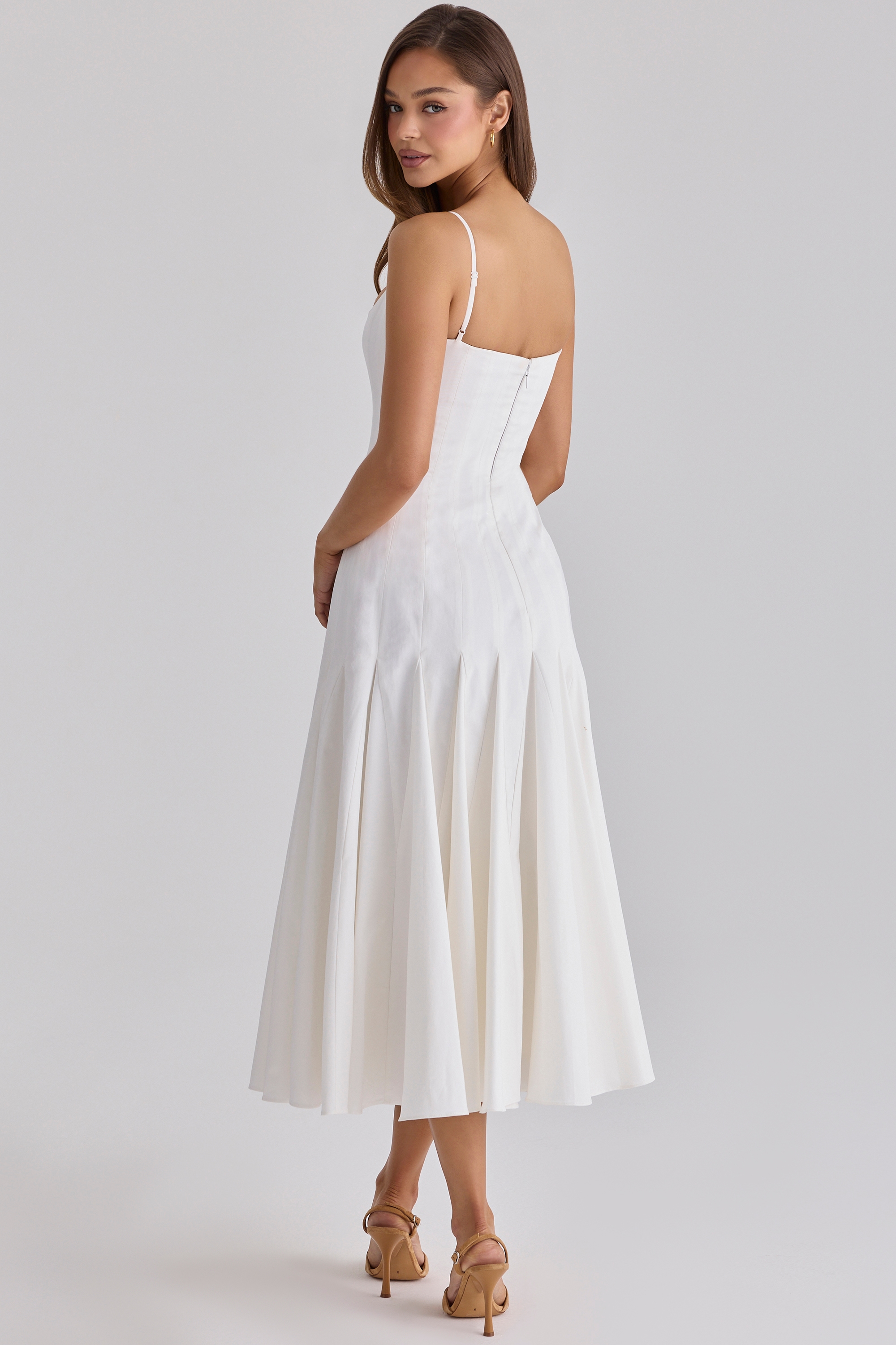 white pleated cotton godet midi dress