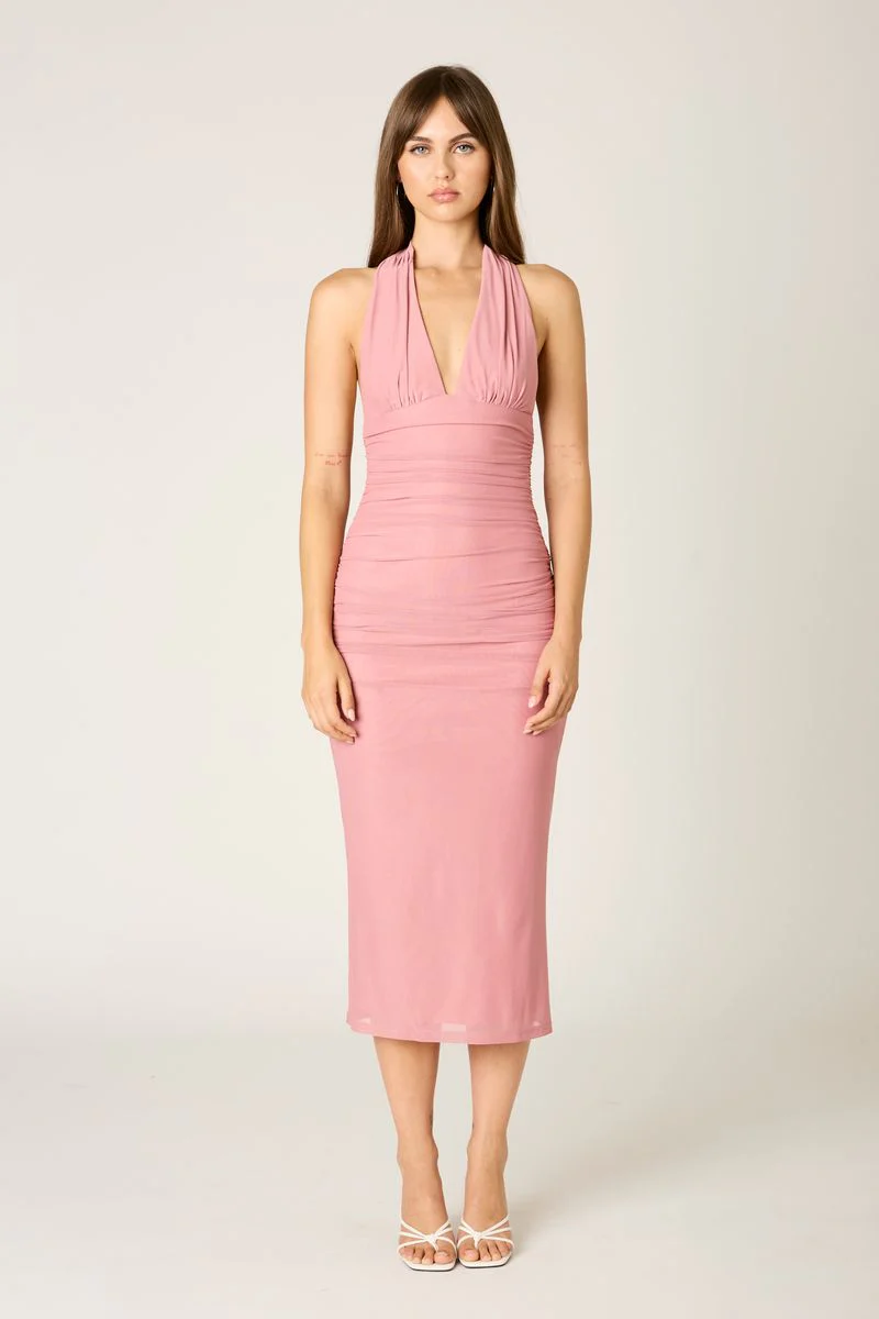 Ruched Mesh Midi Dress