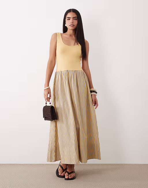 twist shoulder stripe skirt midi dress in buttermilk