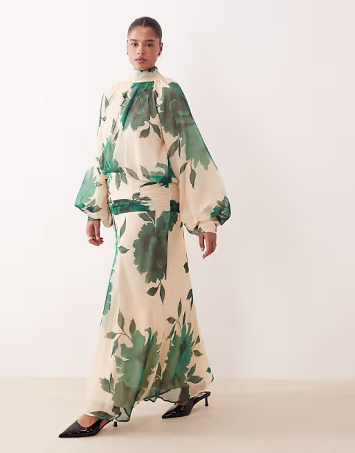 Curve high neck draped chiffon maxi dress with neck tie in green floral print