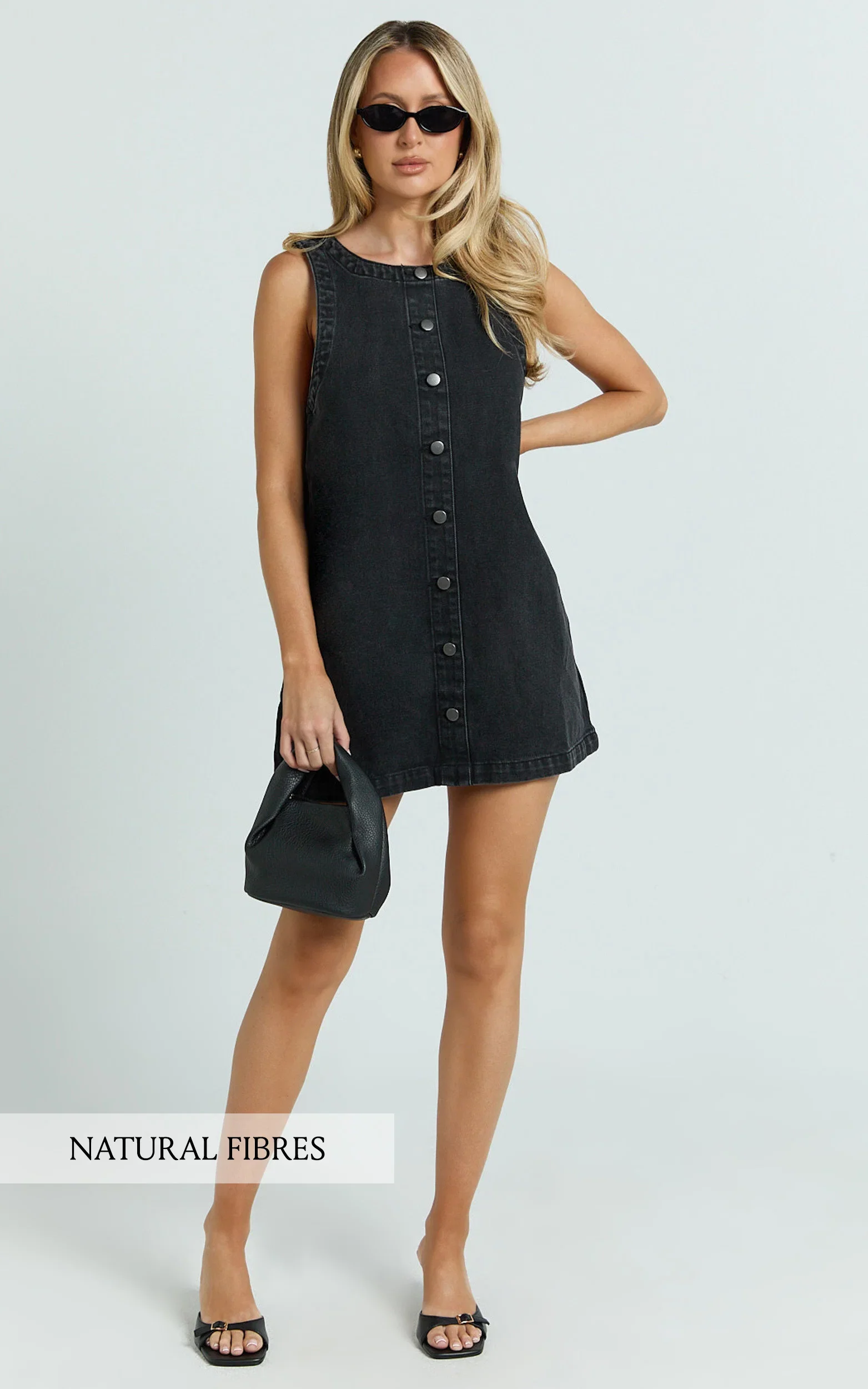 Leia Mini Dress - High Neck Mock Button Down Mini Dress in Black Wash
