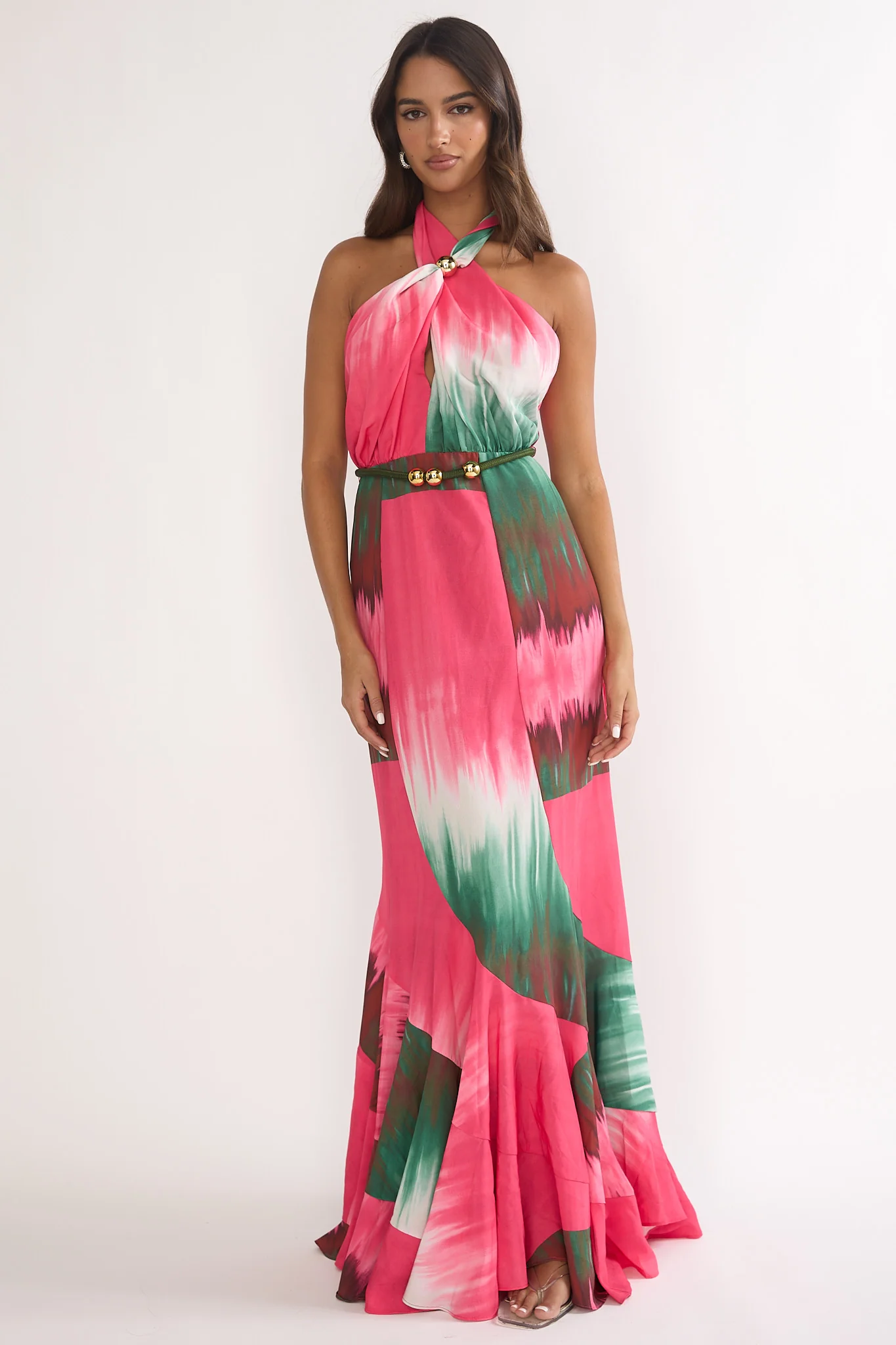 Elaina Rope Waist Halter Maxi Dress Fuchsia
