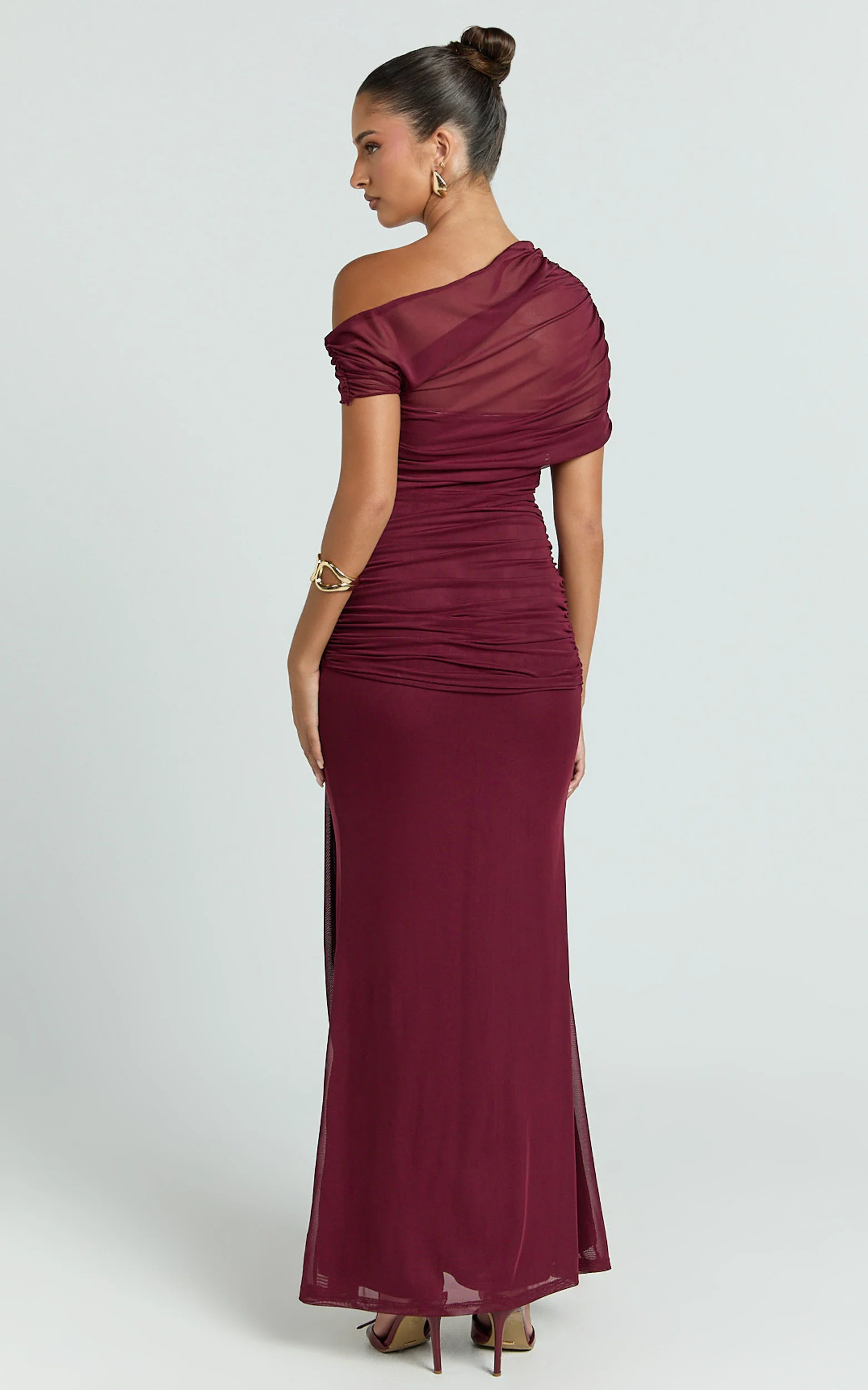 Nicolette Maxi Dress - Cape Sleeve Off Shoulder Dress in Wine