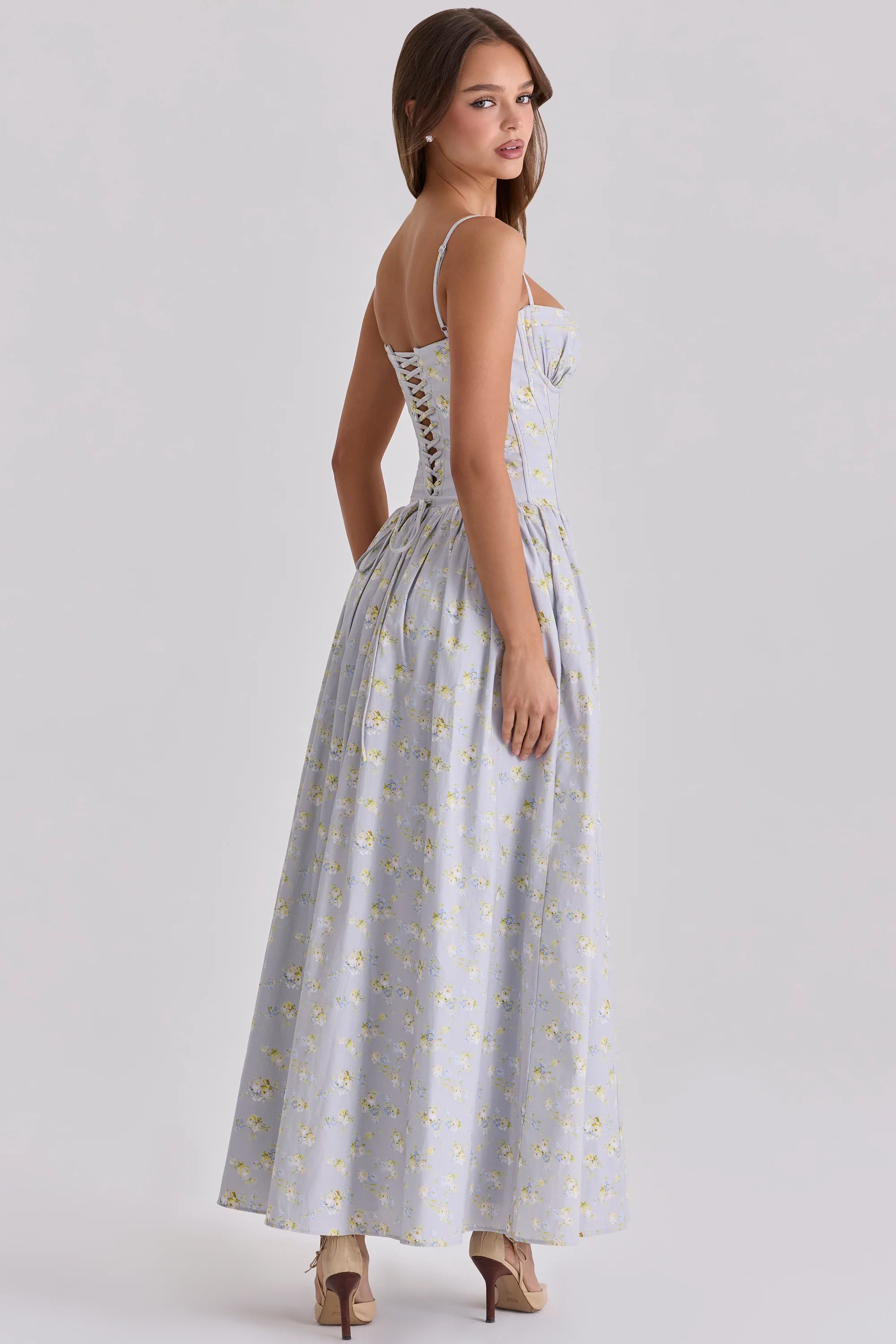Blue Wildflower Print Cotton Lace Up Maxi Dress