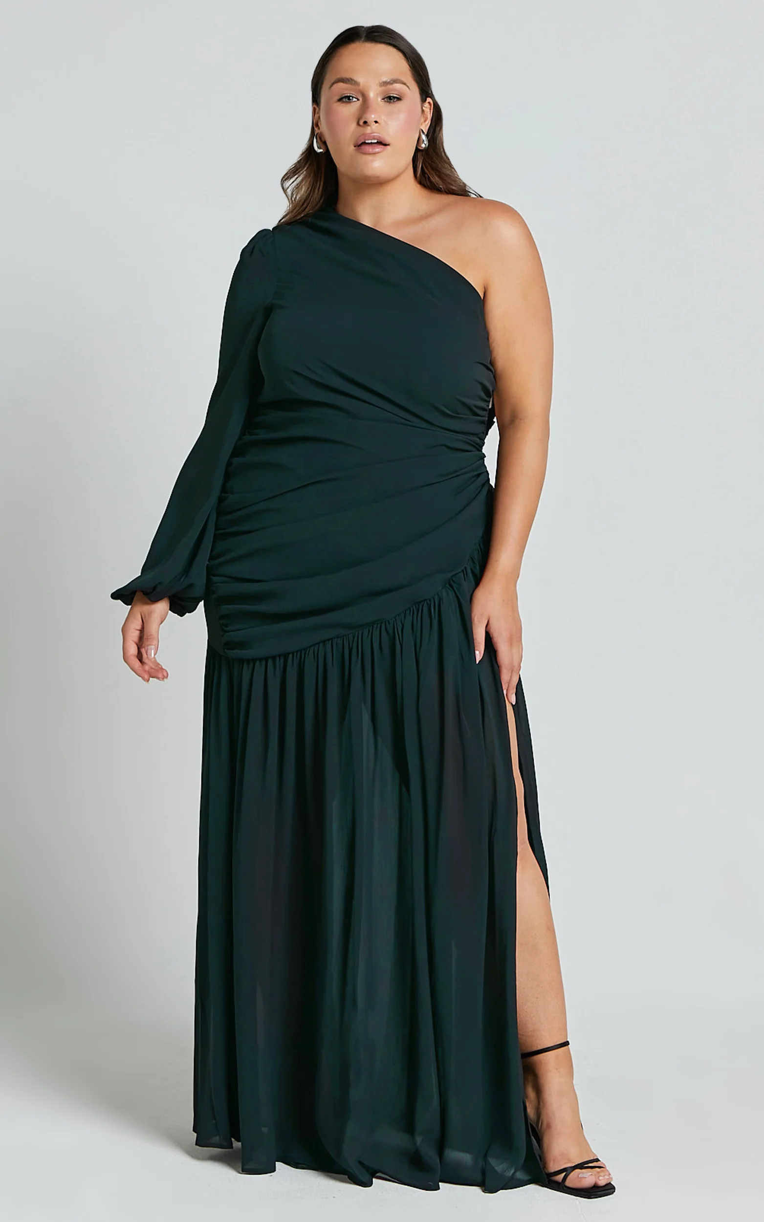 Grittah Maxi Dress - One Shoulder Bishop Sleeve High Split Ruched Dress in Emerald