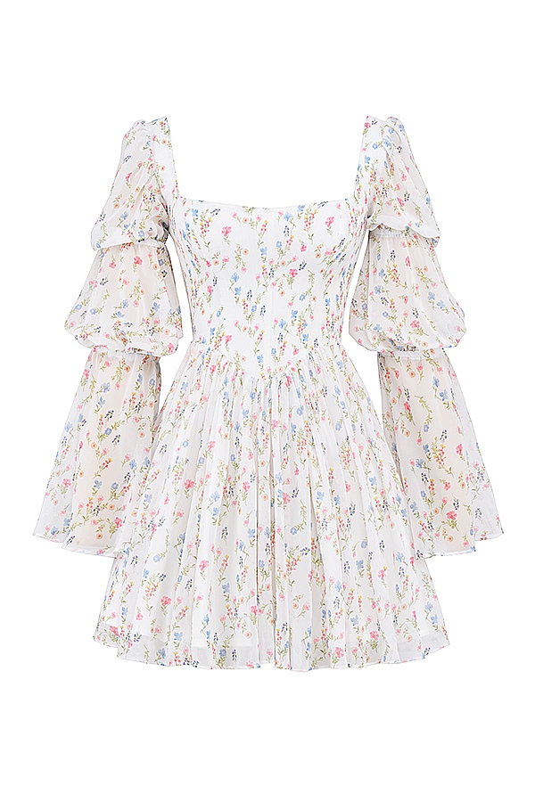 White Posy Print Puff Sleeve Mini Dress