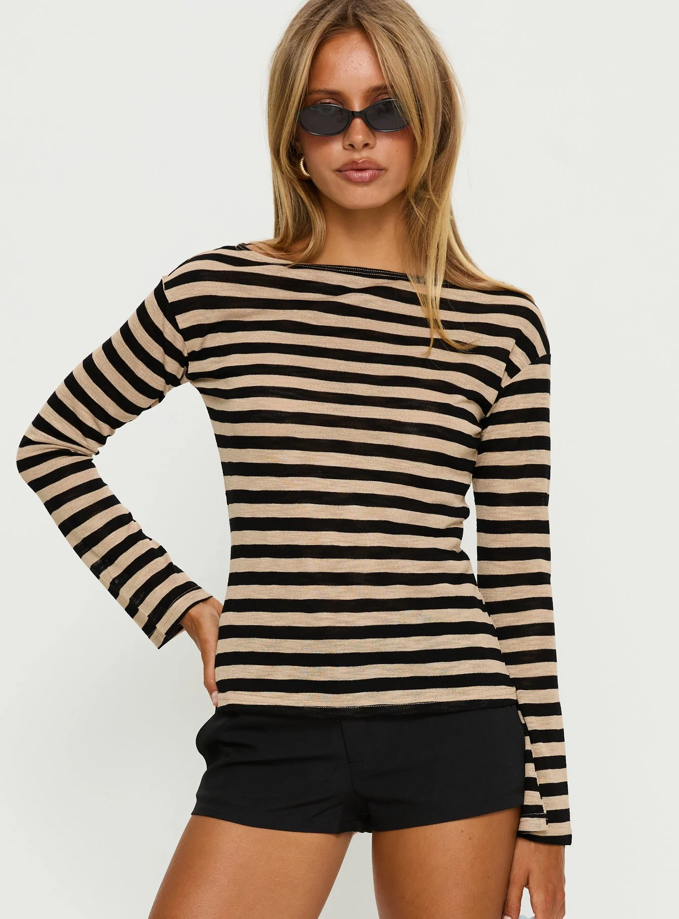 So Composed Boat Neck Long Sleeve Top Latte Stripe