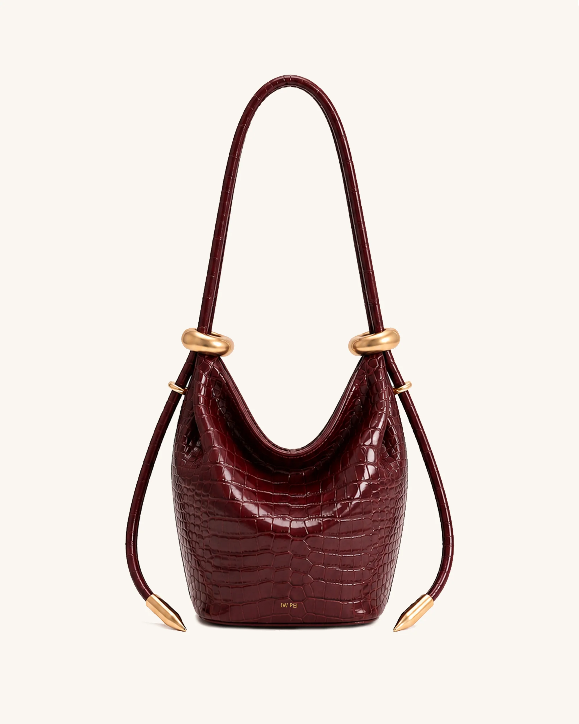Ellie Metal Ring Bucket Bag - Burgundy Croc