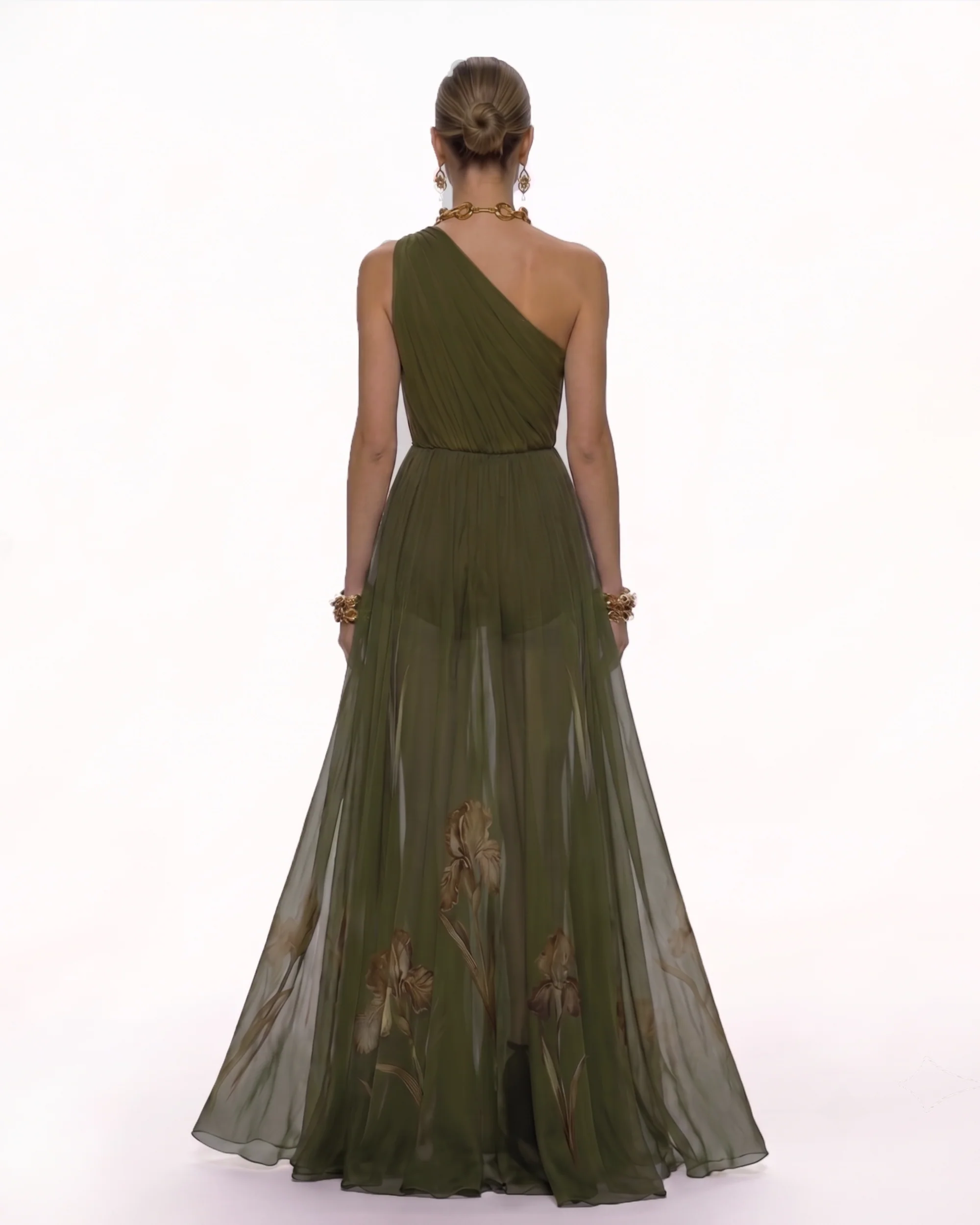 Floral One Shoulder Maxi Dress - Olive Green