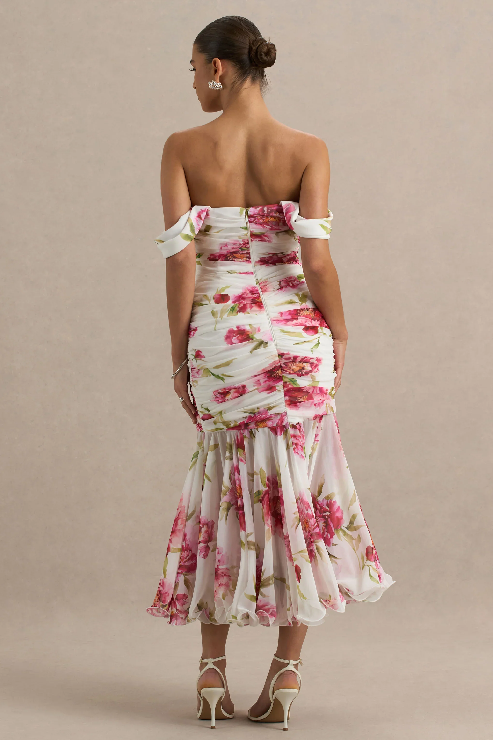 Madelyn | Cream Floral Print Short-Sleeve Bardot Wrap Maxi Dress With Ruching