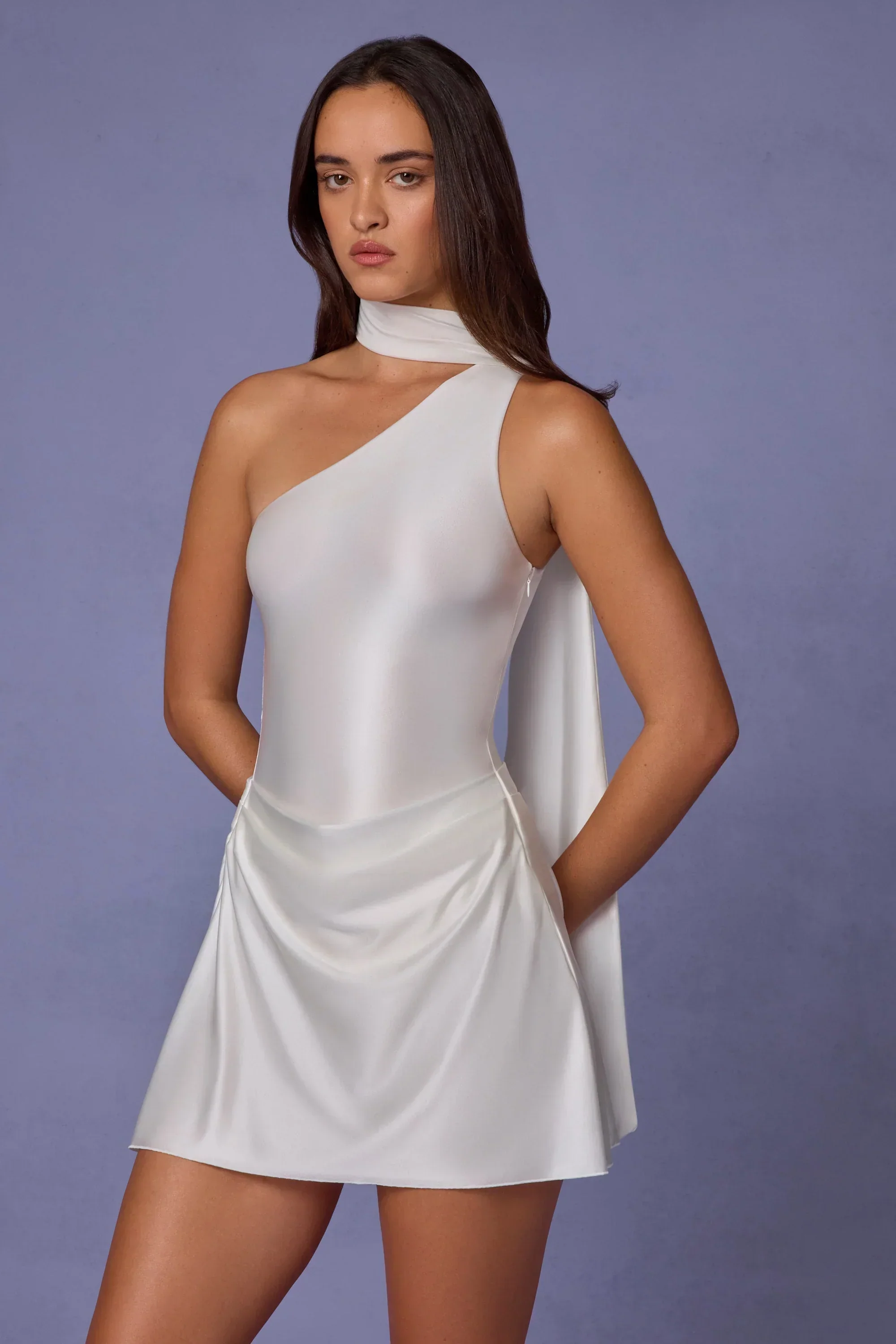 Asymmetric Scarf-Detail Mini Dress In White