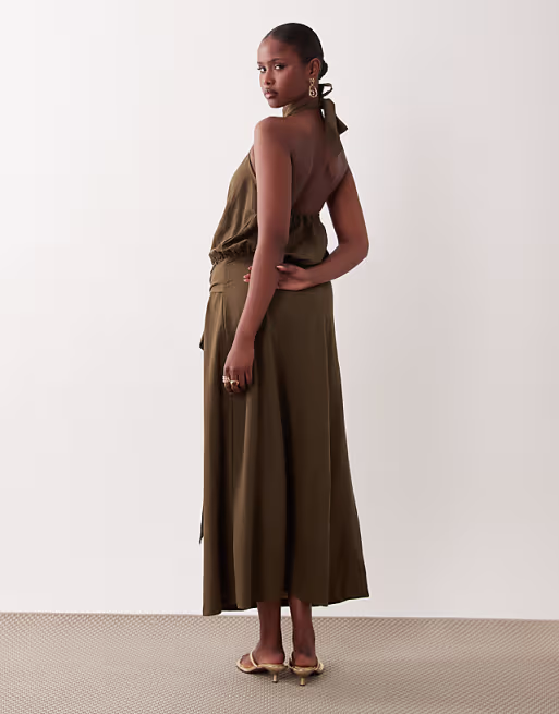 linen look halter neck bubble hem maxi dress in khaki