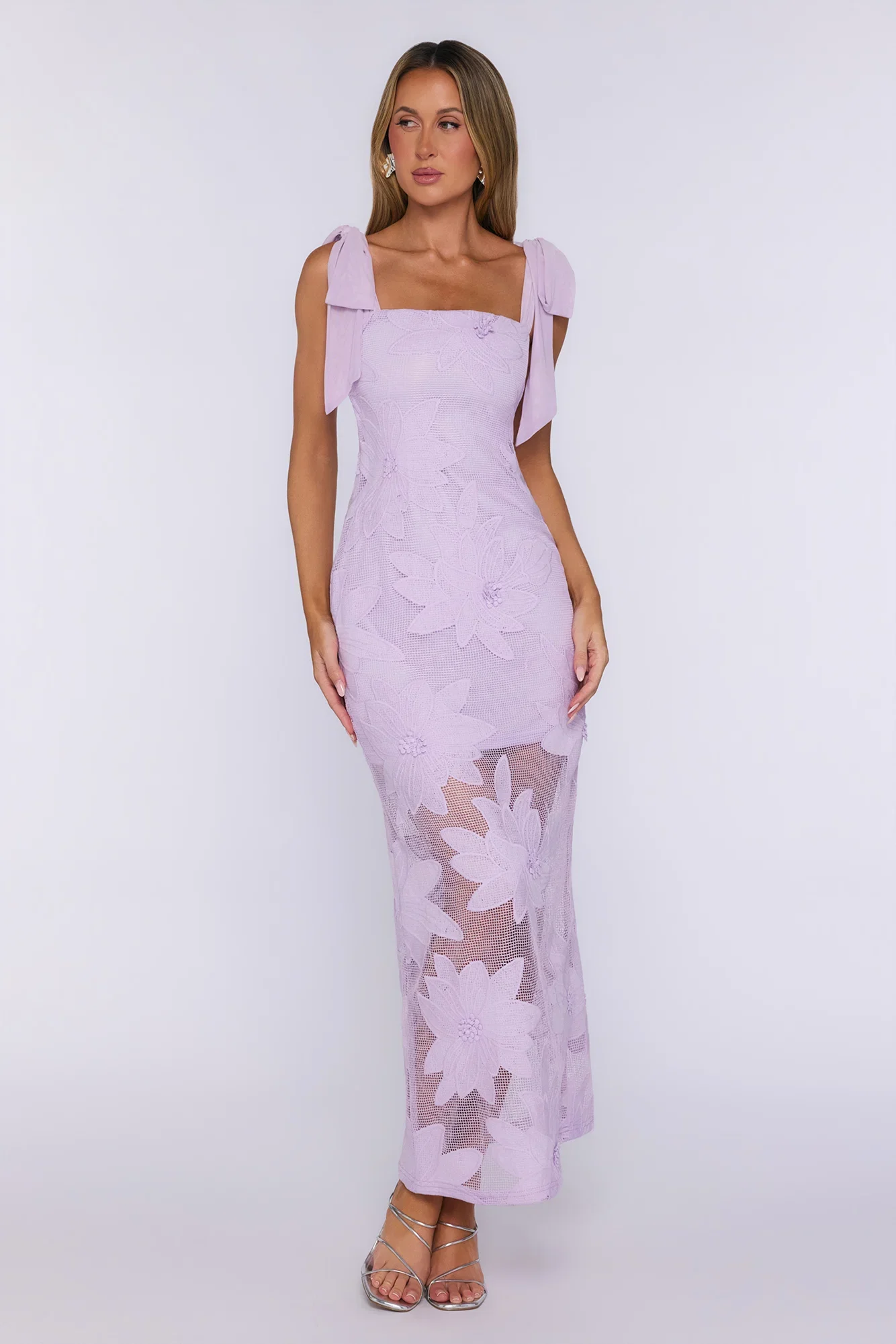Enchanted Bloom Floral Embroidered Tie Shoulder Maxi Dress Lilac