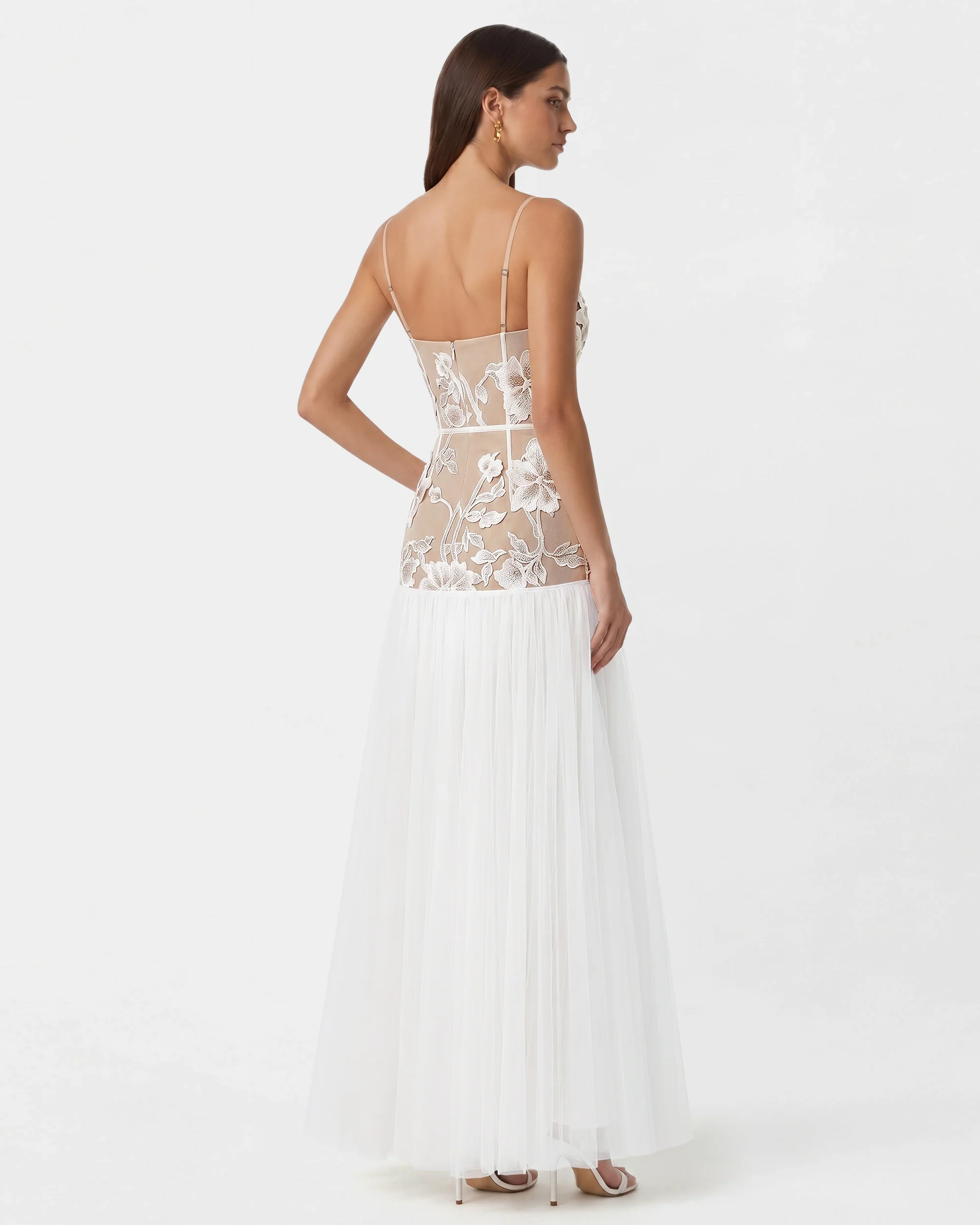 Floral Appliqué Sheer Tulle Maxi Dress - White - FASHION NOB