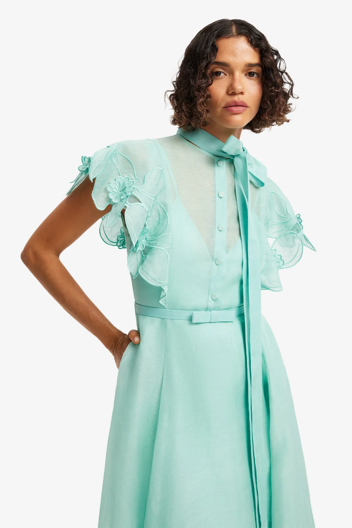 Elsie Appliqué Flutter Sleeve Maxi Dress - Pale Turquoise