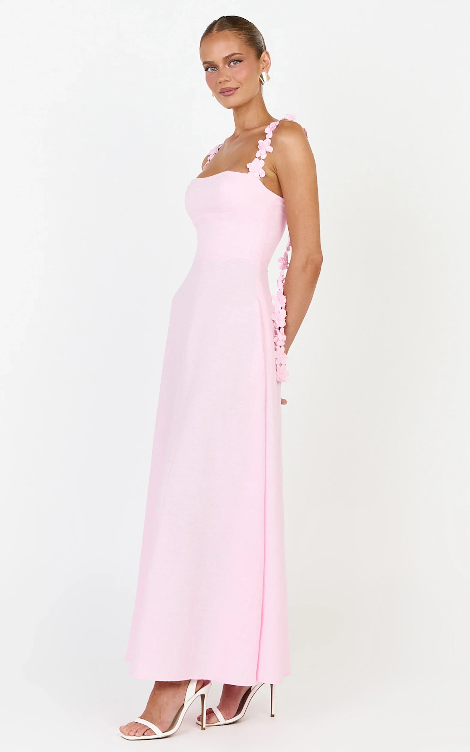 Clementine Midi Dress - 3D Floral Strap Dress in Pink
