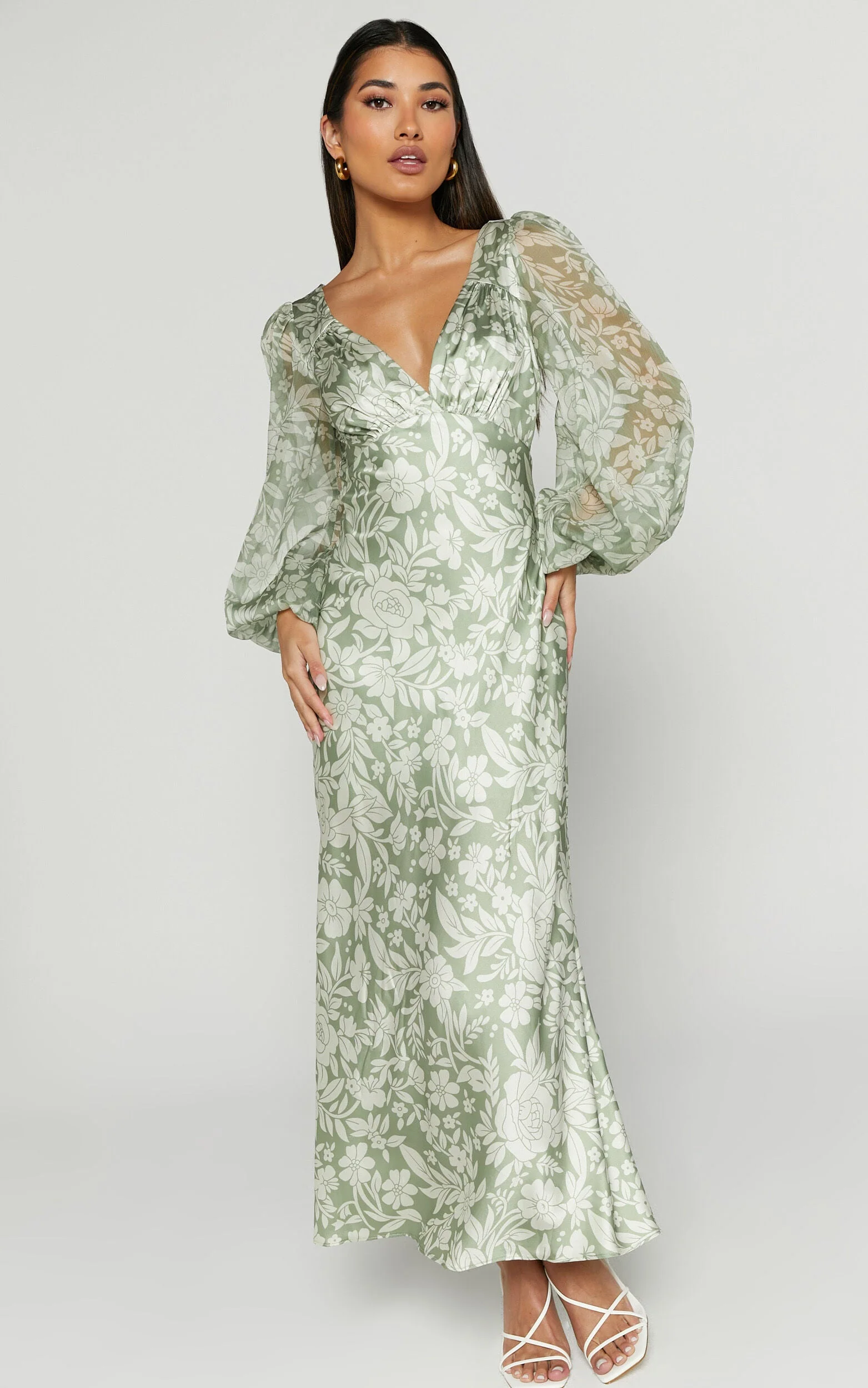 Freollyn Midi Dress - Deep V Neck Long Sleeve Dress in Sage