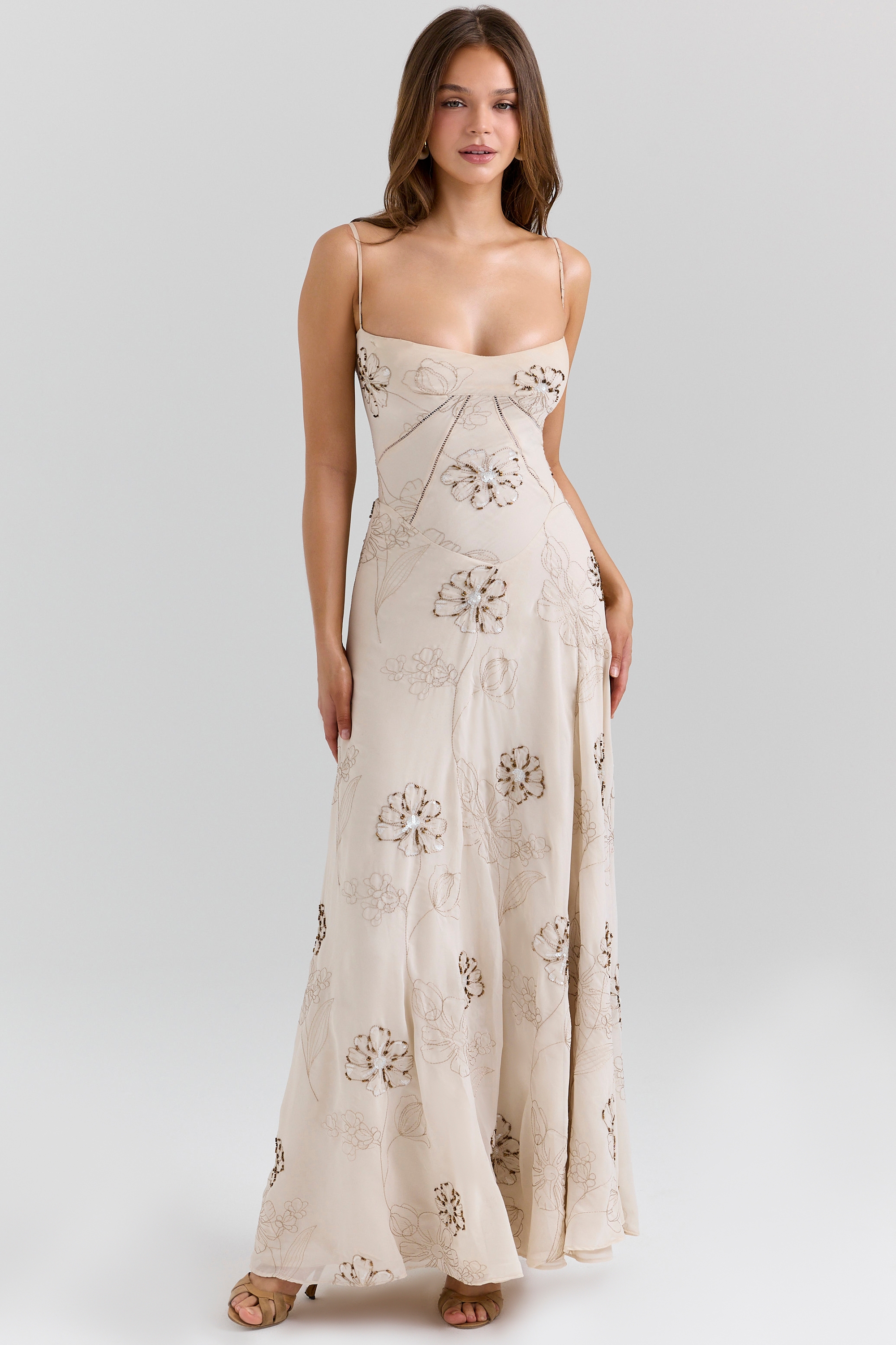 Vanilla Embroidered Hand Beaded Floral Maxi Dress