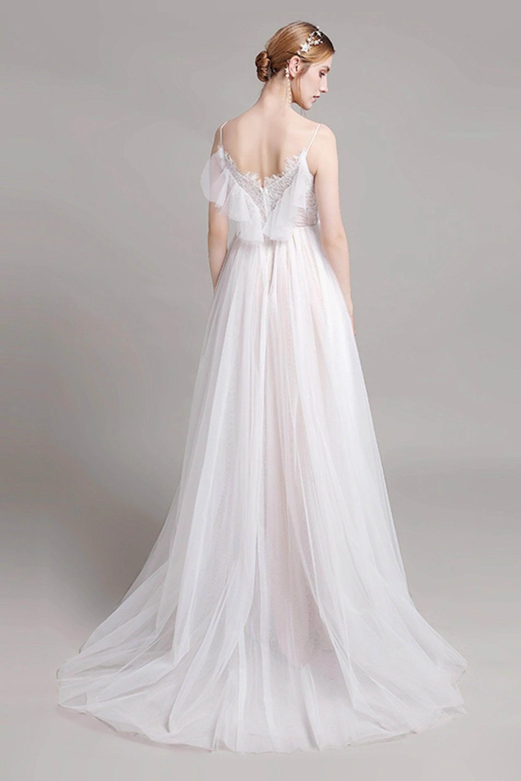 A-Line Sweep-Brush Train Lace Tulle Wedding Dress CW2768
