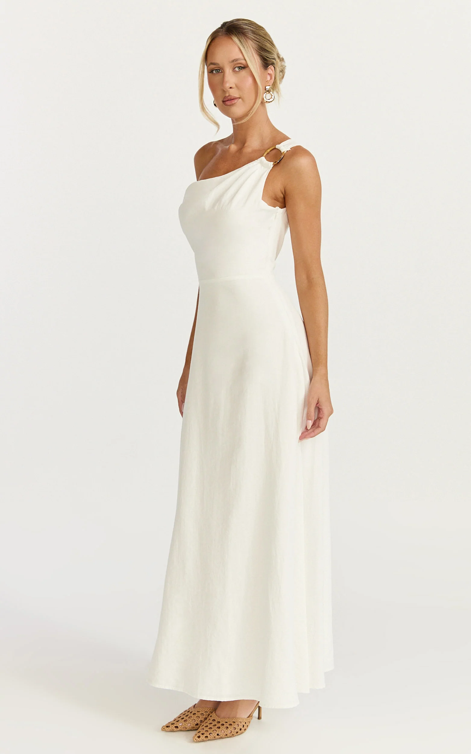 Amber Midi Dress - Off The Shoulder Hardware Detail A Line Dress in White