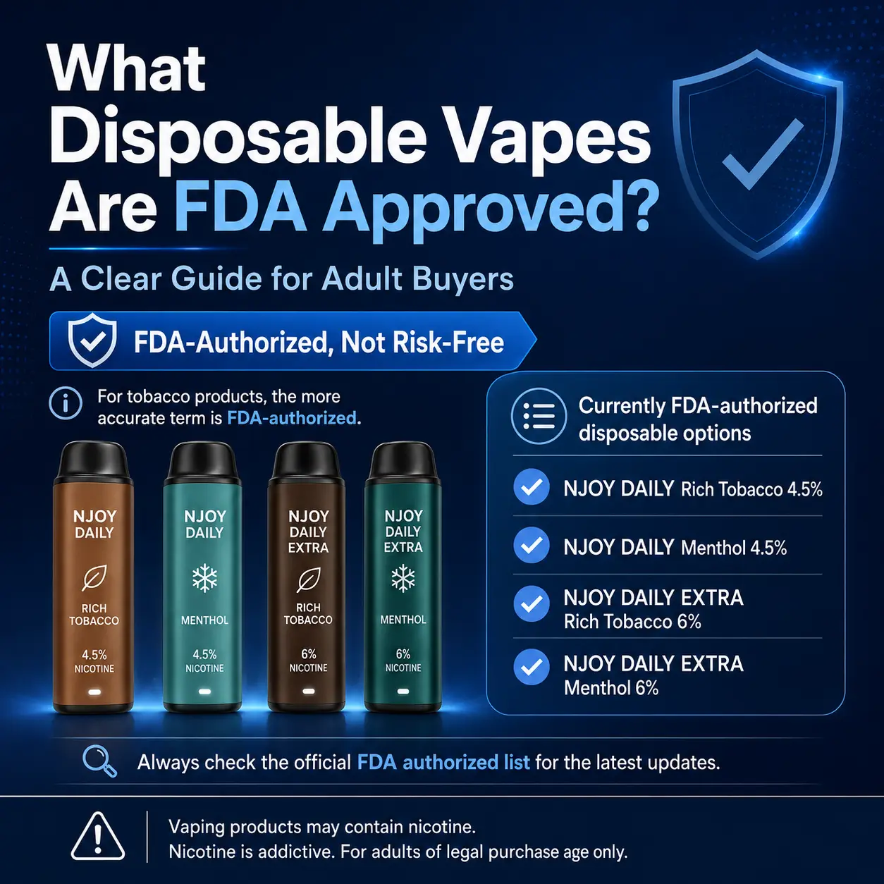 What disposable vapes are FDA approved guide showing FDA-authorized NJOY DAILY disposable vape options
