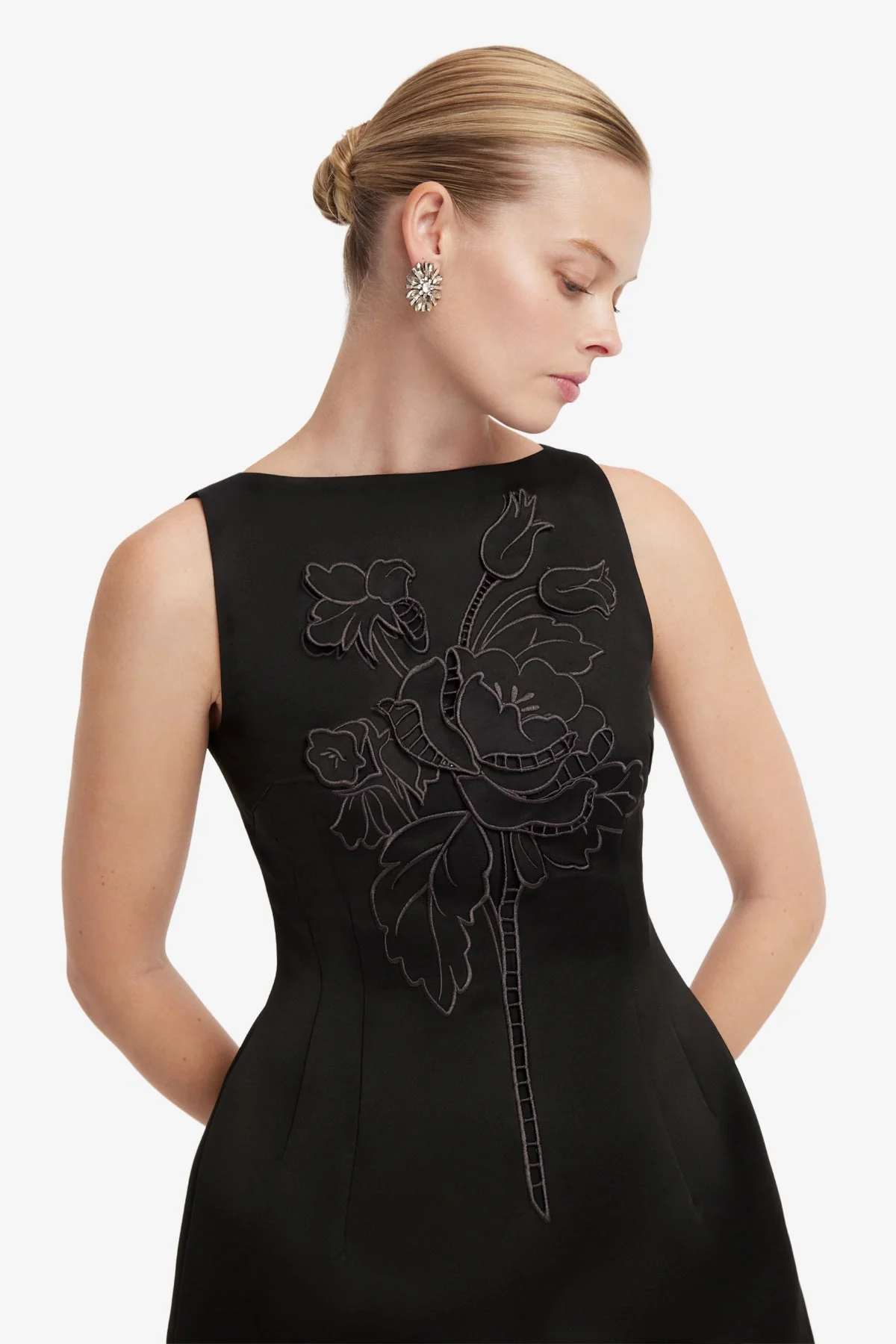 Ali Appliqué Boat Neck Mini Dress - Ebony