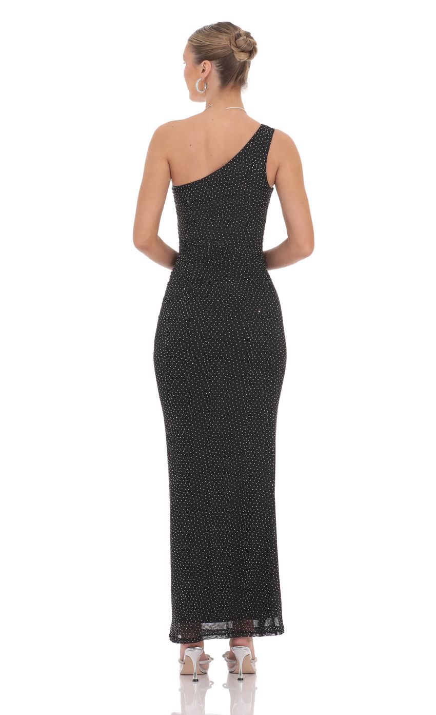 One Shoulder Rhinestone Maxi Dress in Black
