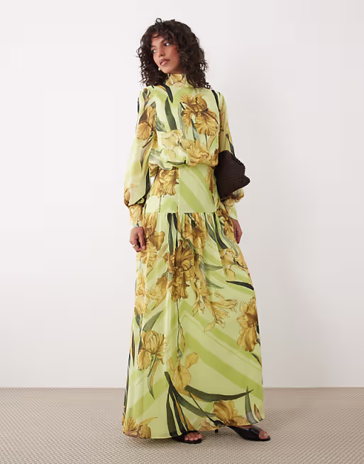 high neck deep cuff maxi dress in yellow floral
