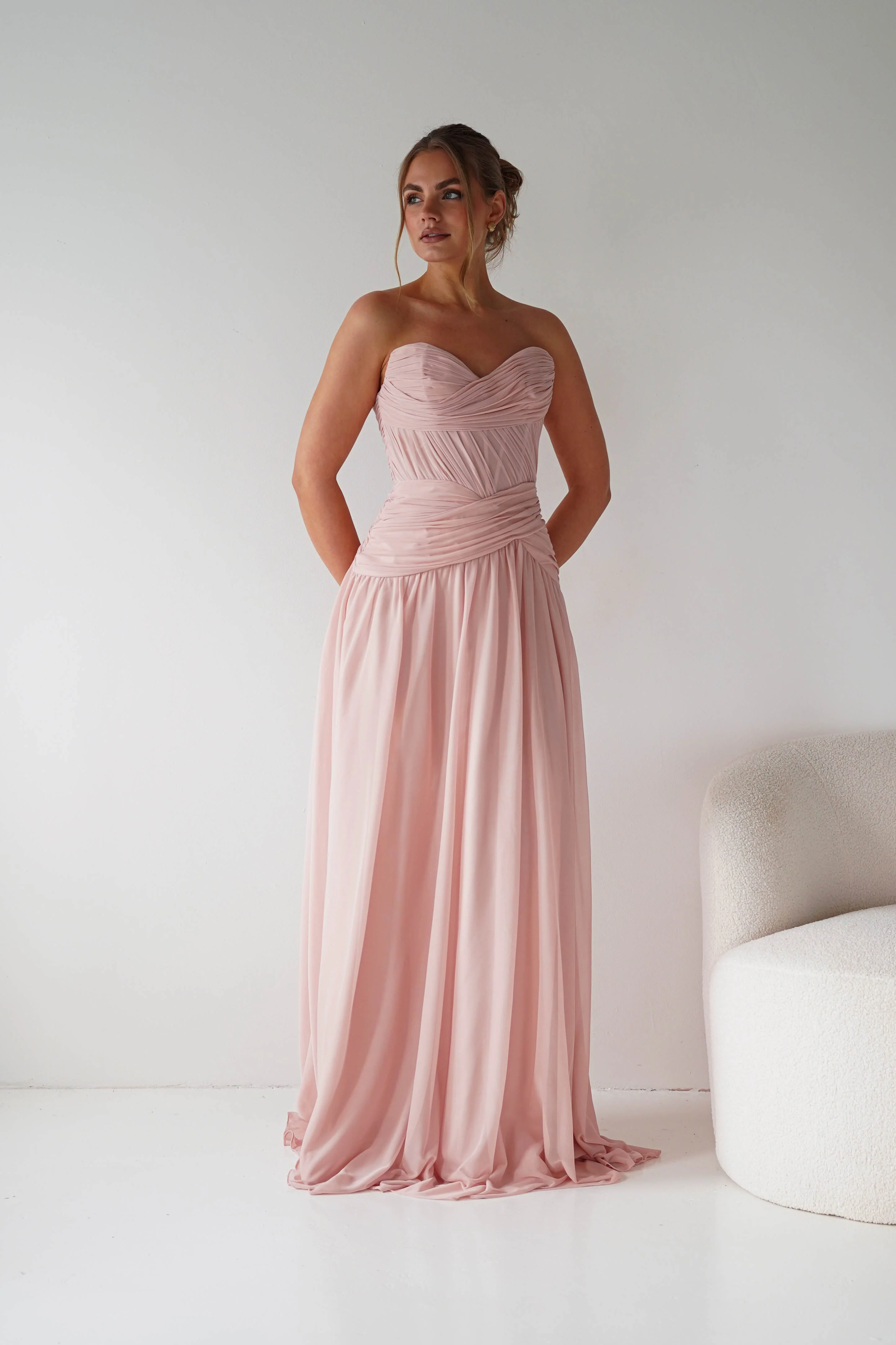 Nicolette Strapless Chiffon Maxi Gown | Blush