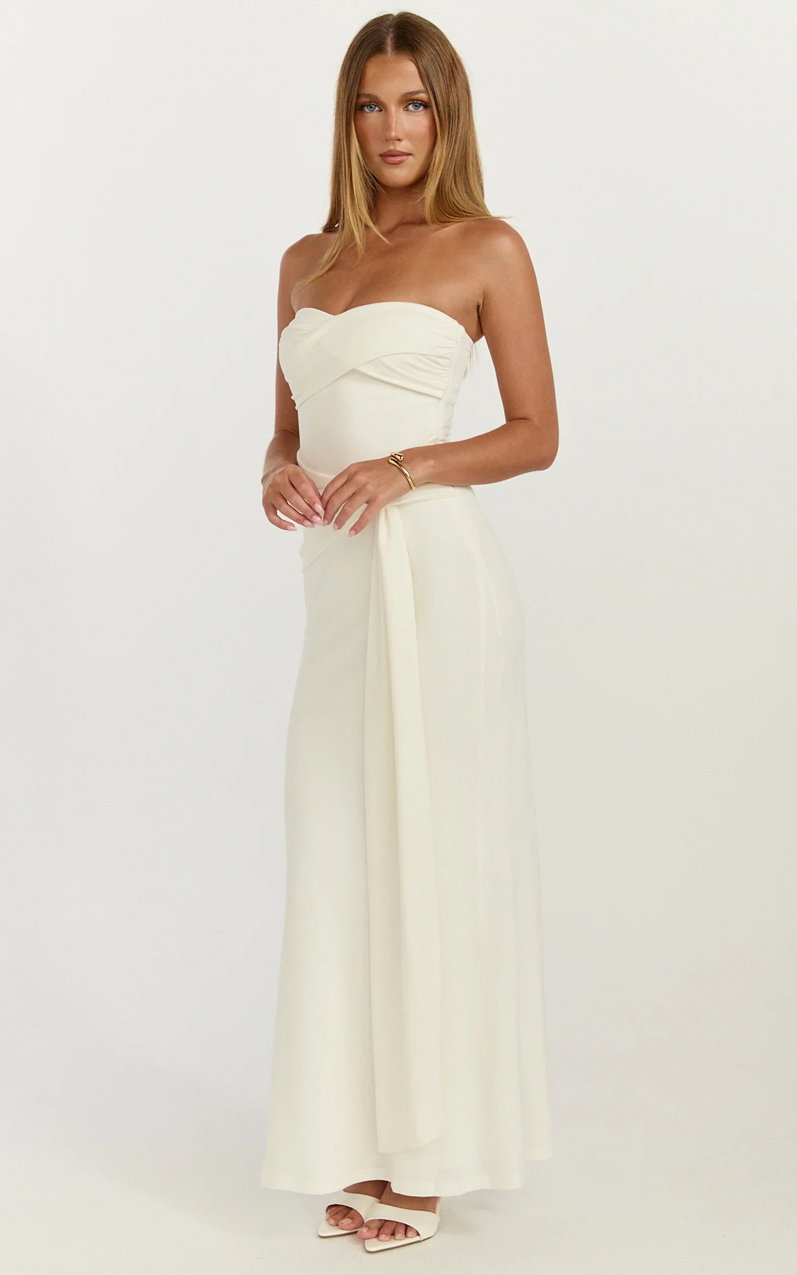 Aria Midi Dress - Strapless Tie Waist Dress in Off White