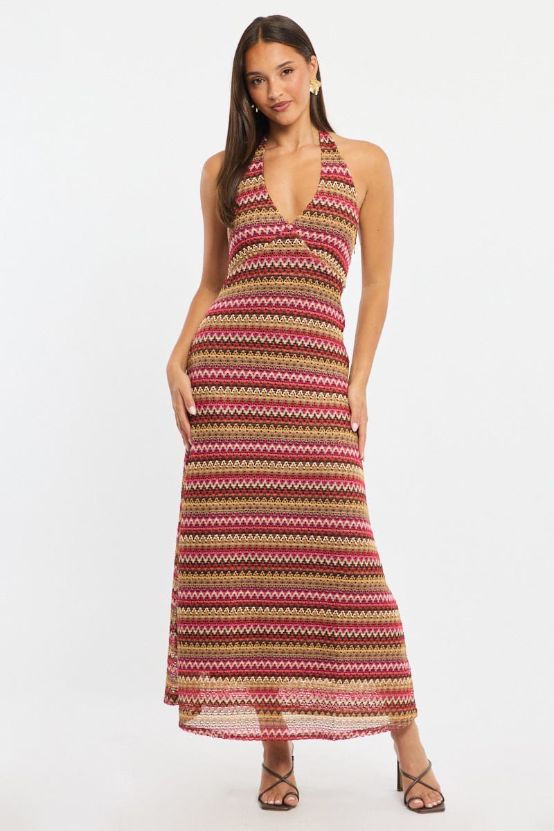 Multi Stripe Midi Dress Halter Neck