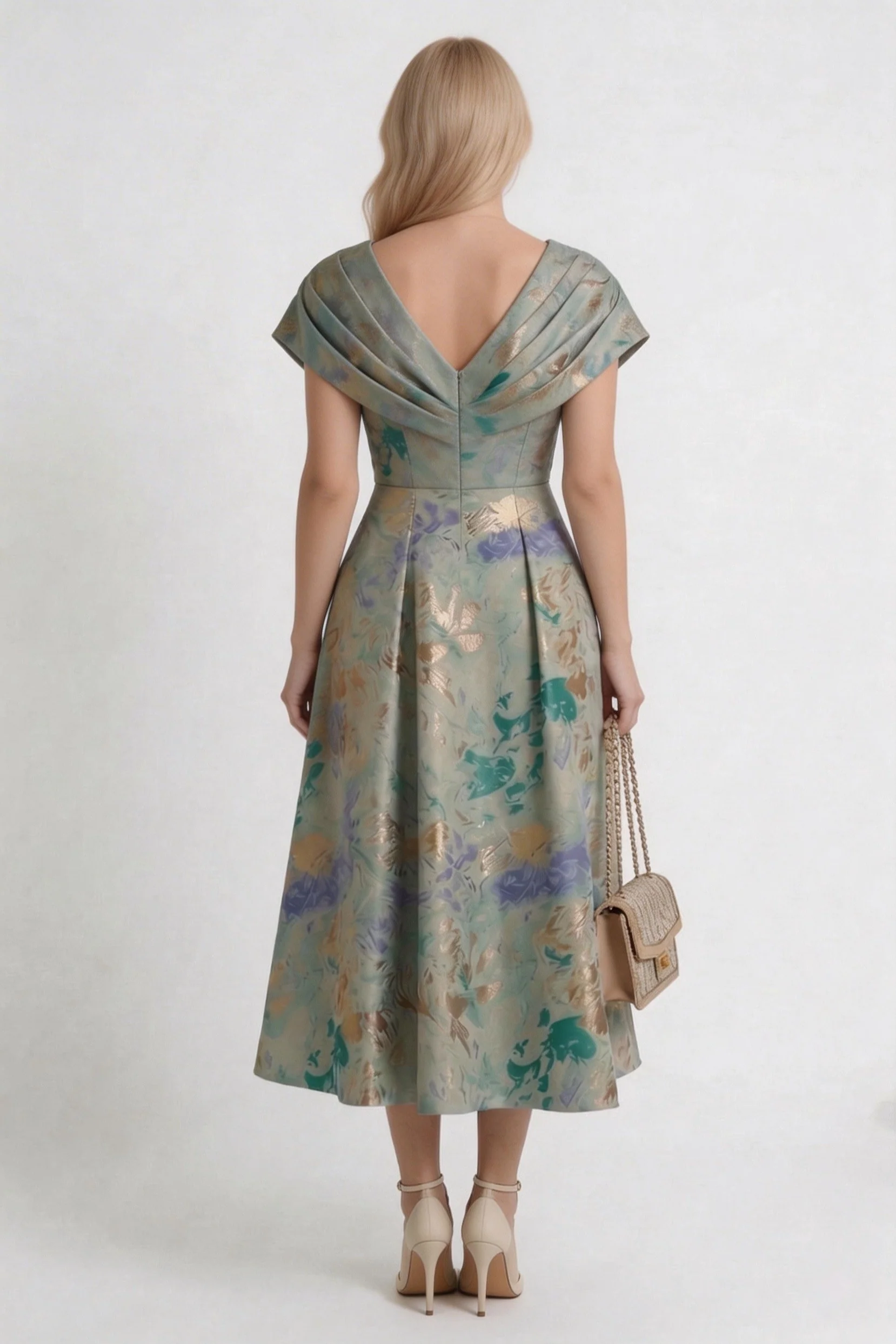 A-Line Tea-Length Jacquard Mother of the Bride Dress CM0417