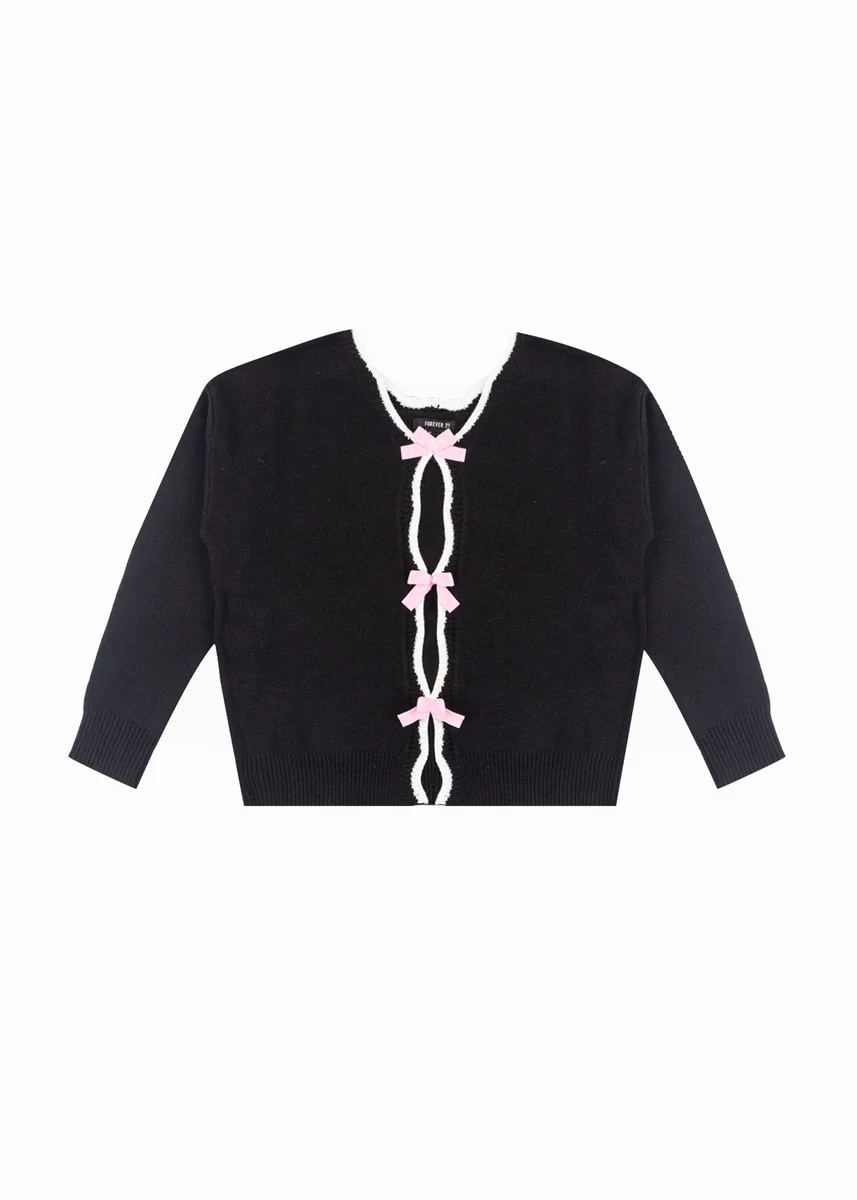Velvet Bow Open-Front Knit Sweater