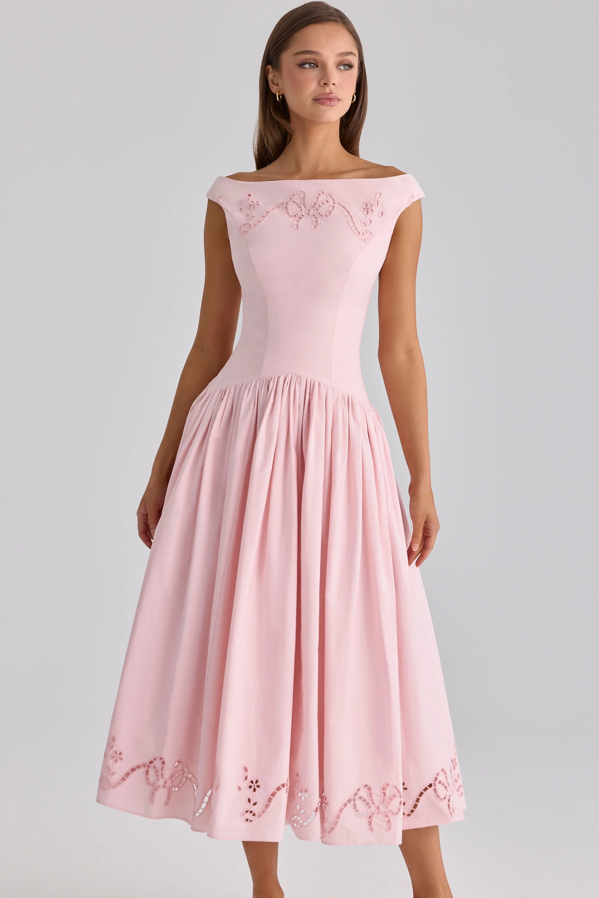 pink cotton broderie anglaise boat neck maxi dress