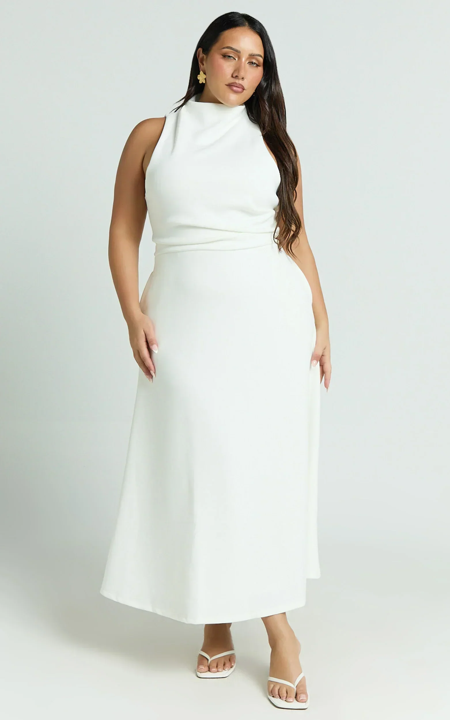 Macy Midi Dress High Neck A Line Dress in Off White - luluinthesky