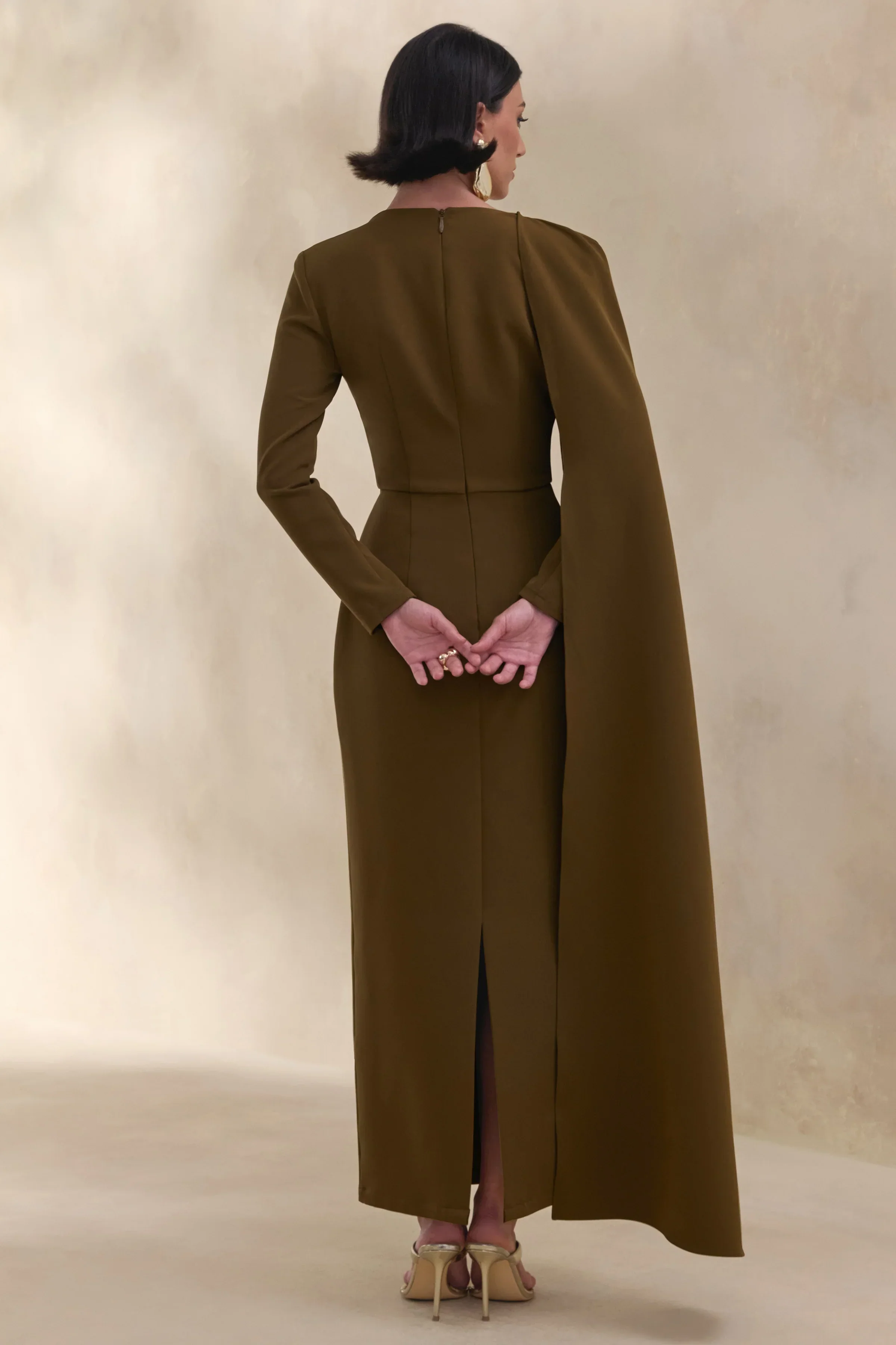 Jovea | Olive Round-Neck Maxi Dress With Cape-Sleeve