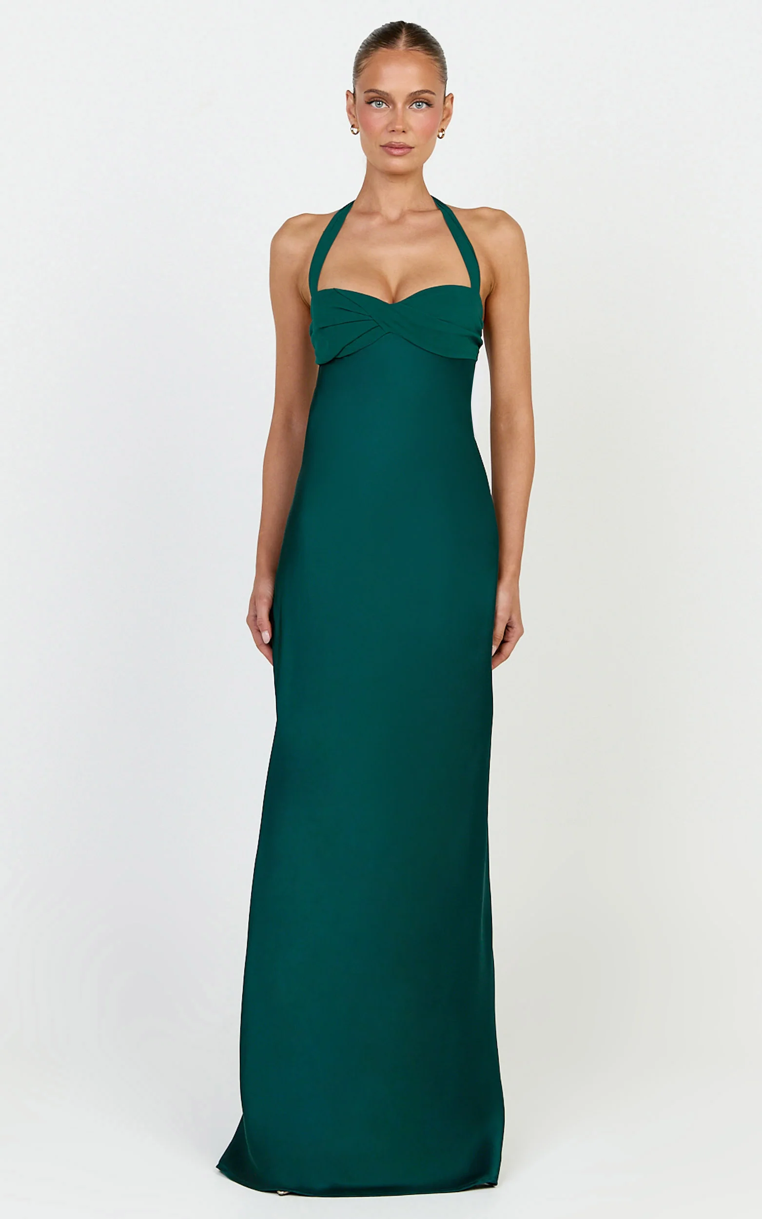 Flynn Maxi Dress - Satin Halter Sweetheart Neck Dress in Emerald