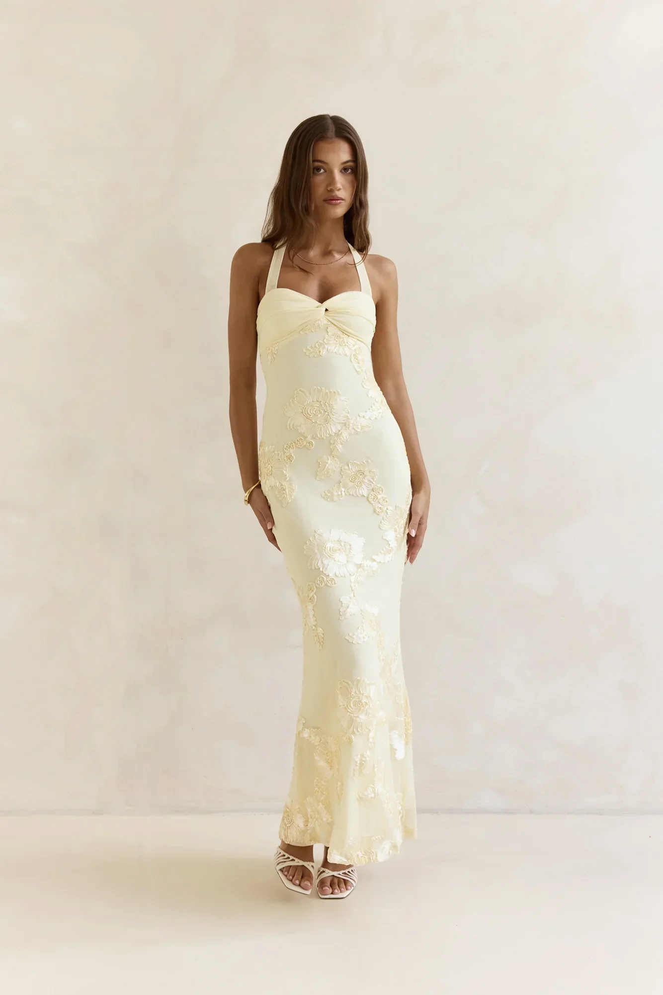 Skybloom Mesh Halter Maxi Dress Yellow
