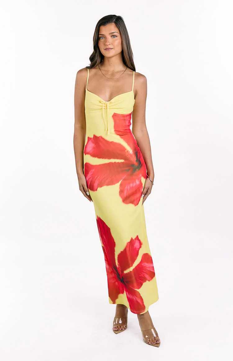Rosalyn Yellow Hibiscus Print Maxi Dress