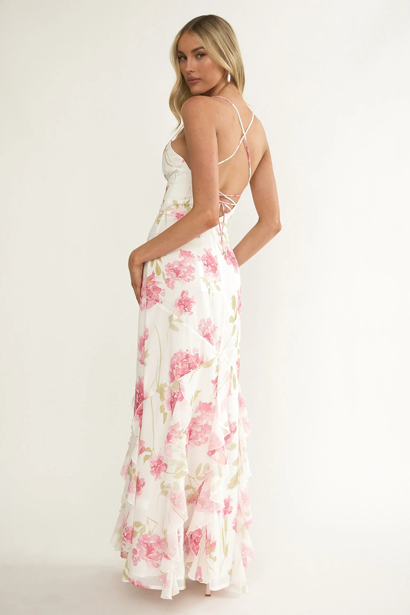 Charlisa Strappy Back Ruffle Maxi Dress Flowers White