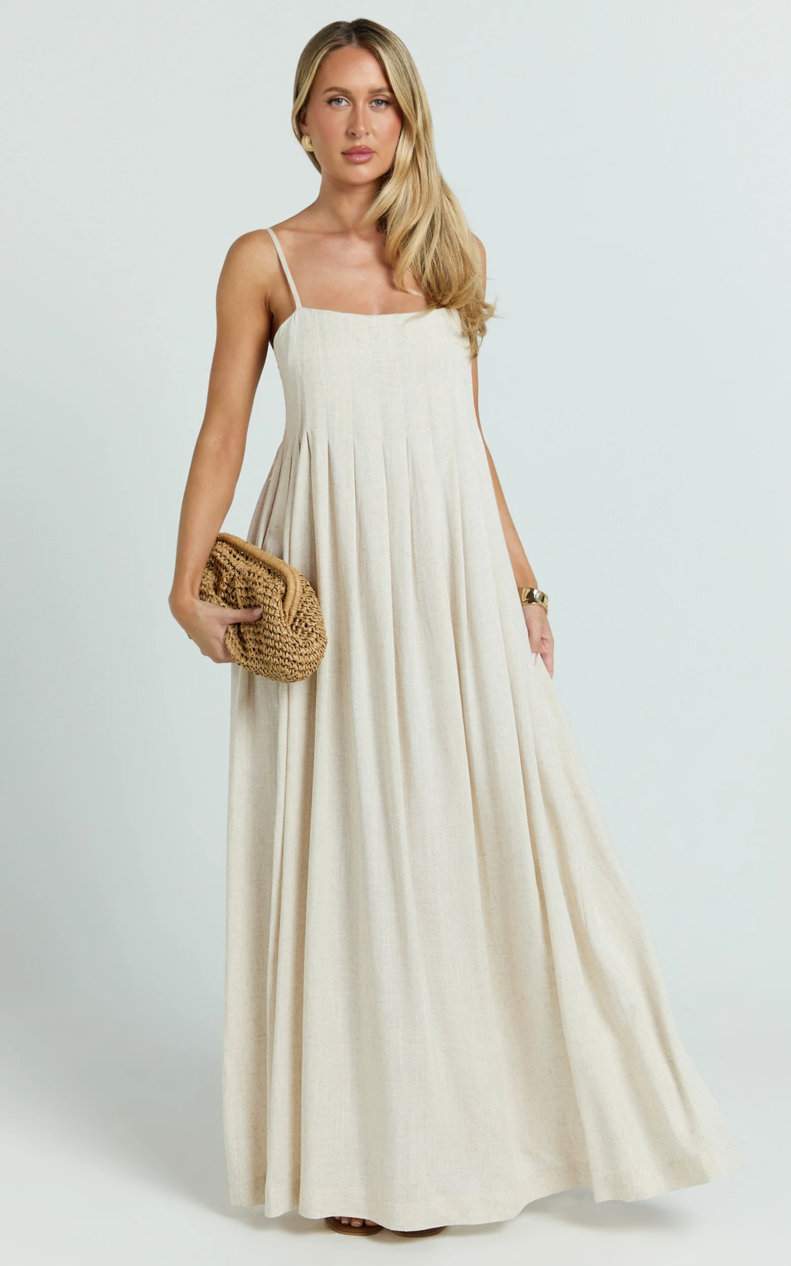 Yanna Midi Dress - Square Neckline Pleated Dress in Beige