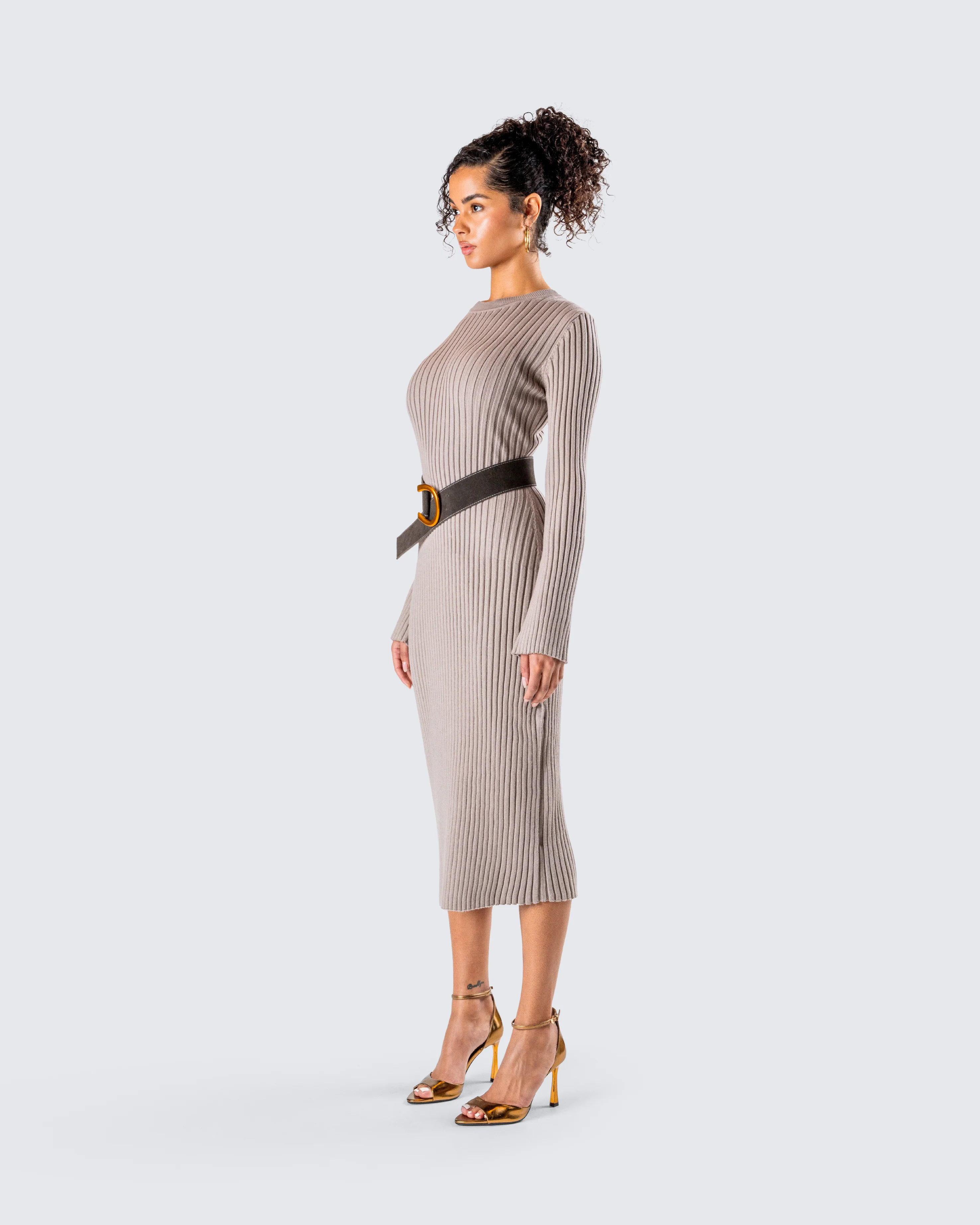 Rejina Taupe Wide Rib Midi Dress