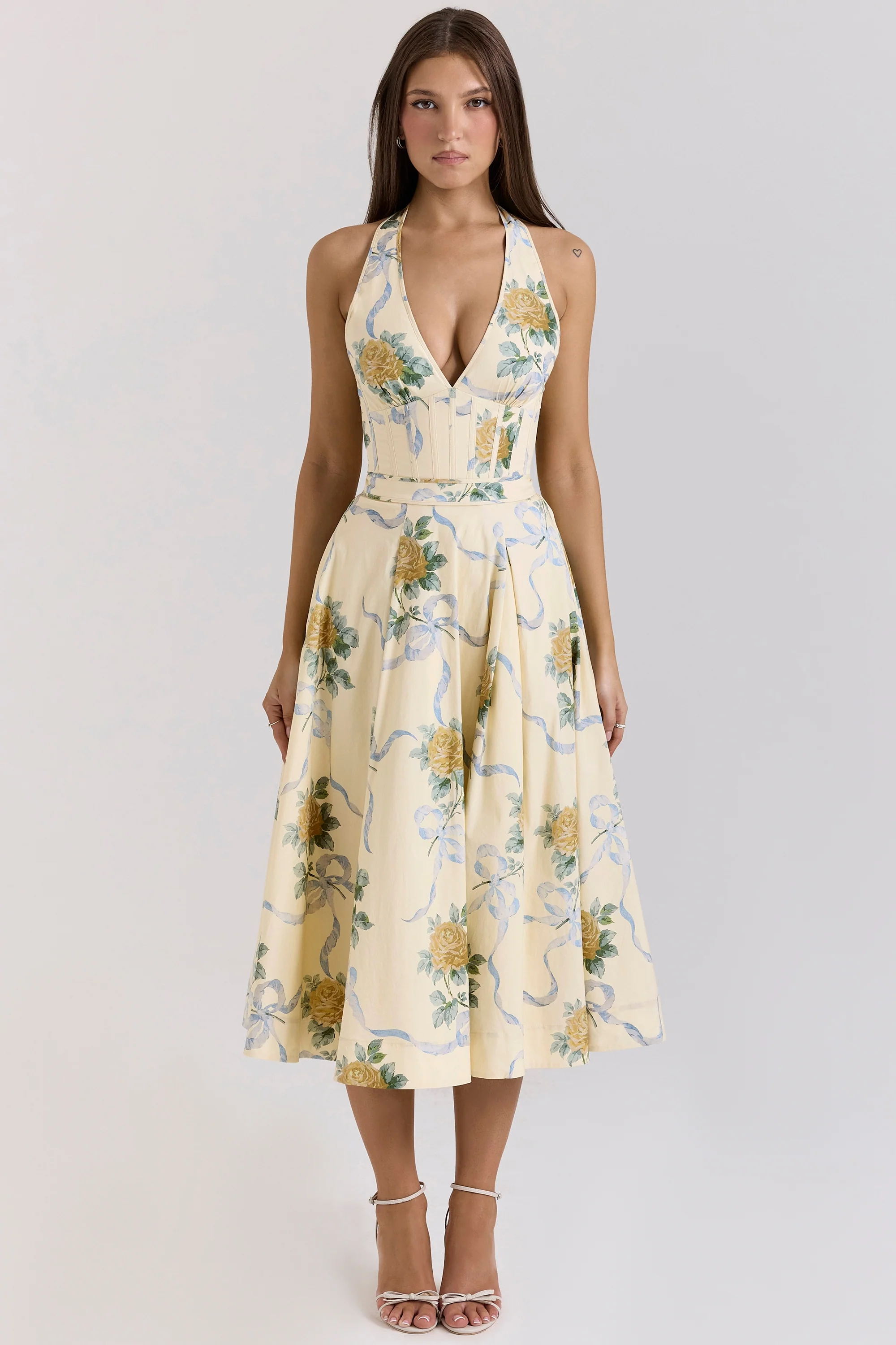 lemon ribbon stretch cotton halter midi sundress